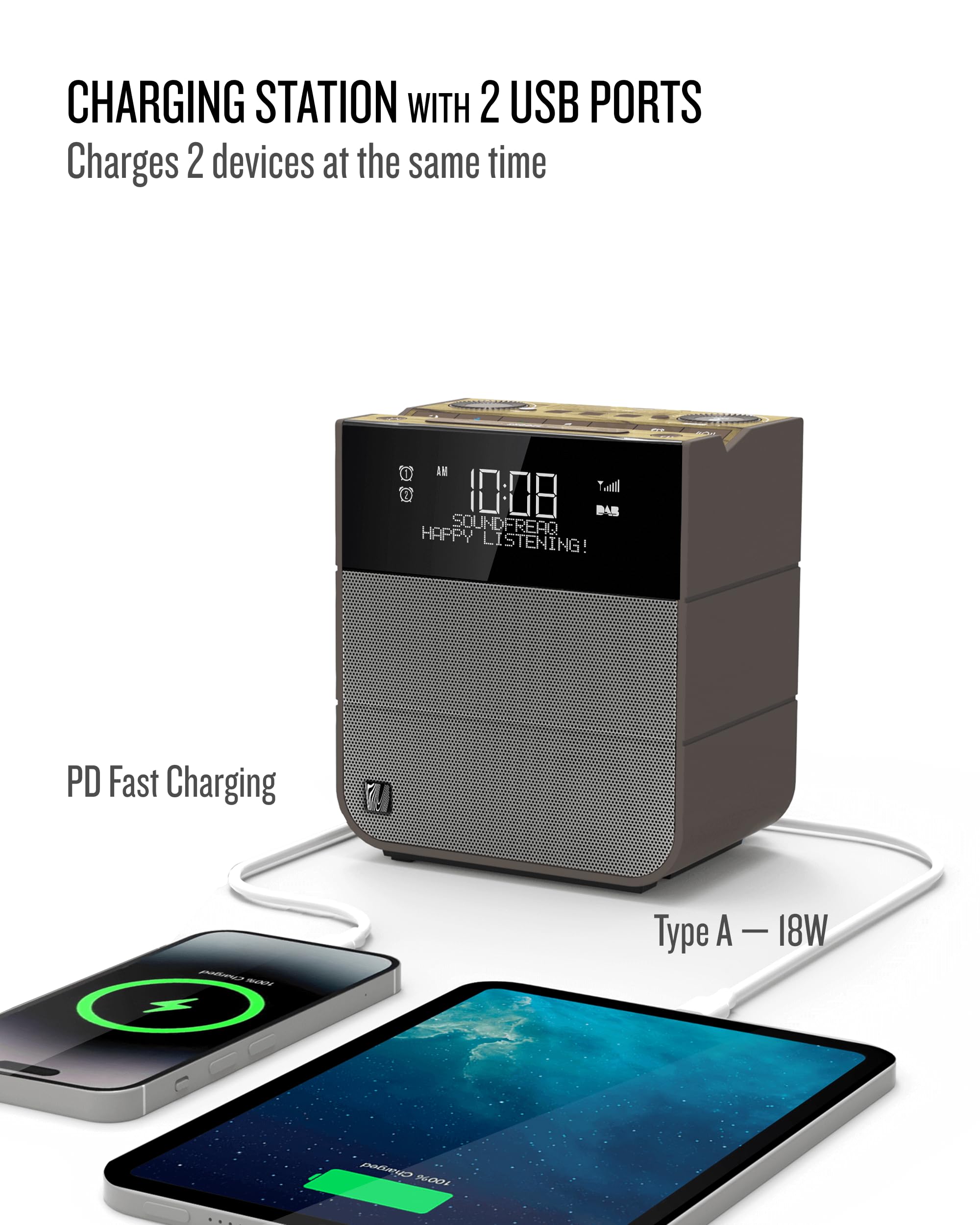 Soundfreaq Sound Rise DAB SFQ-17 - Bluetooth Alarm Clock Radio with DAB+/FM, Dual Alarm, Large Display, USB Charging & Nature Sounds - Perfect for Bedroom, Office, Travel & Relaxation