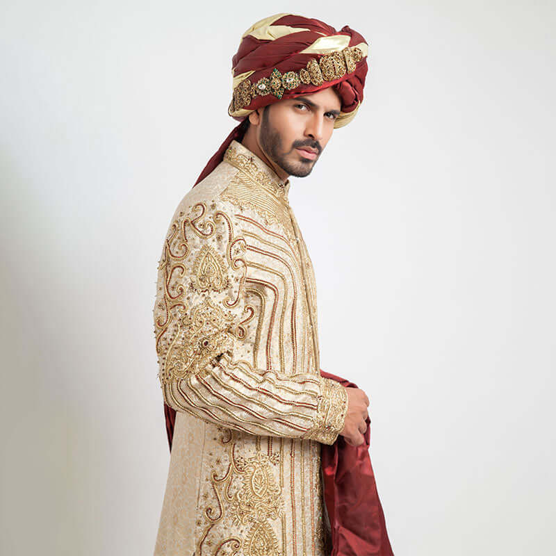 Luxury Ivory Pure Jamavar Silk Sherwani for Men | Handcrafted Indian Wedding Attire | Perfect for Groom Outfits & Special Occasions