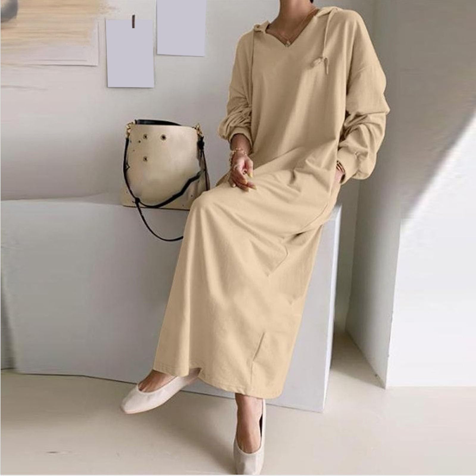 Women's Thin Long Sleeve Drawstring Solid Loose V-Neck Casual Hooded Dress - Elegant Wedding Guest Outfit for 2024 | Perfect for Bridal Showers, Cocktail Parties & Spring Events
