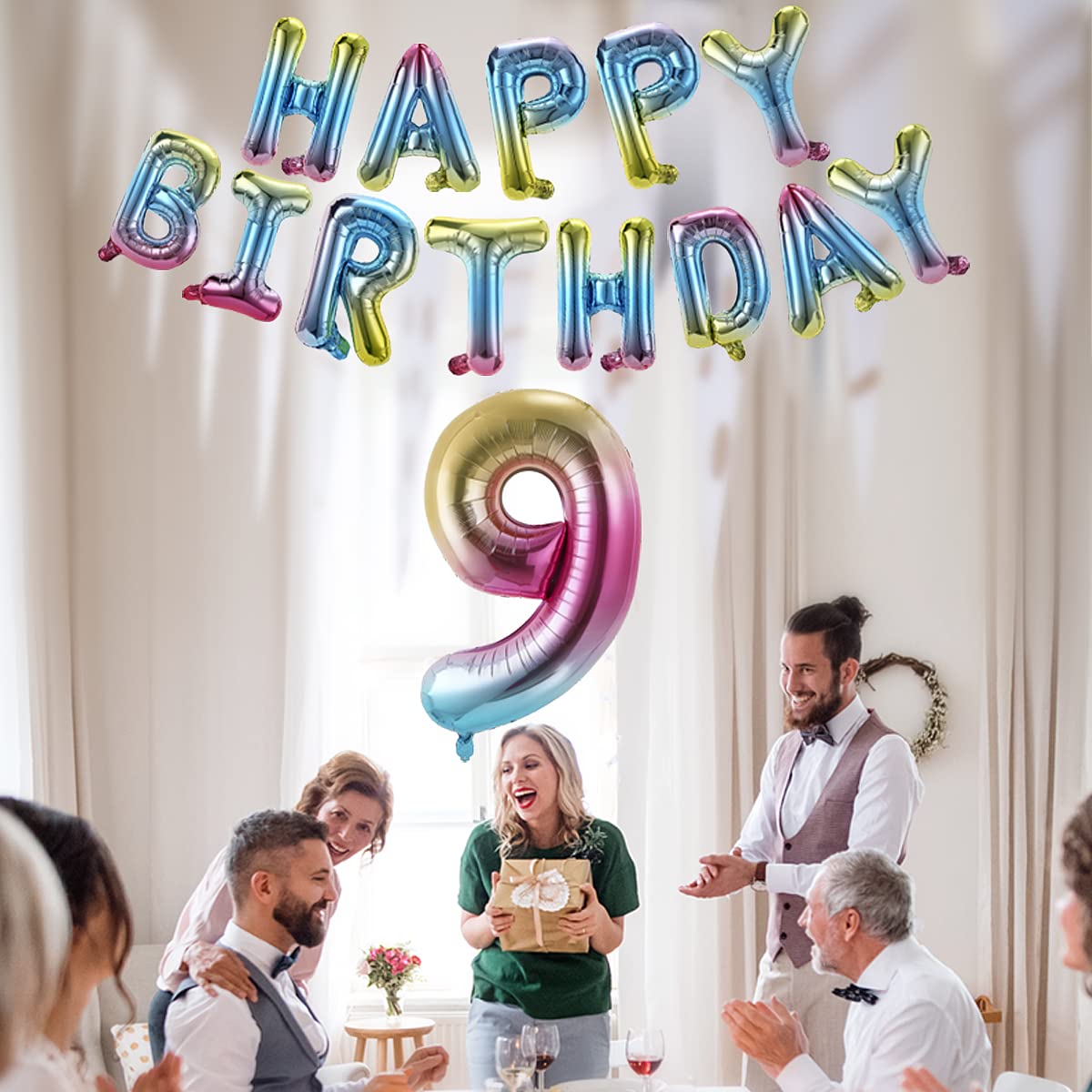 40 Inch Happy Birthday Number 9 Banner Balloons - Rainbow Gradient Foil Balloons for Boys & Girls 9th Birthday Party Decorations | Perfect for Birthday Backdrops, Cake Table Decor & Photo Booth Props