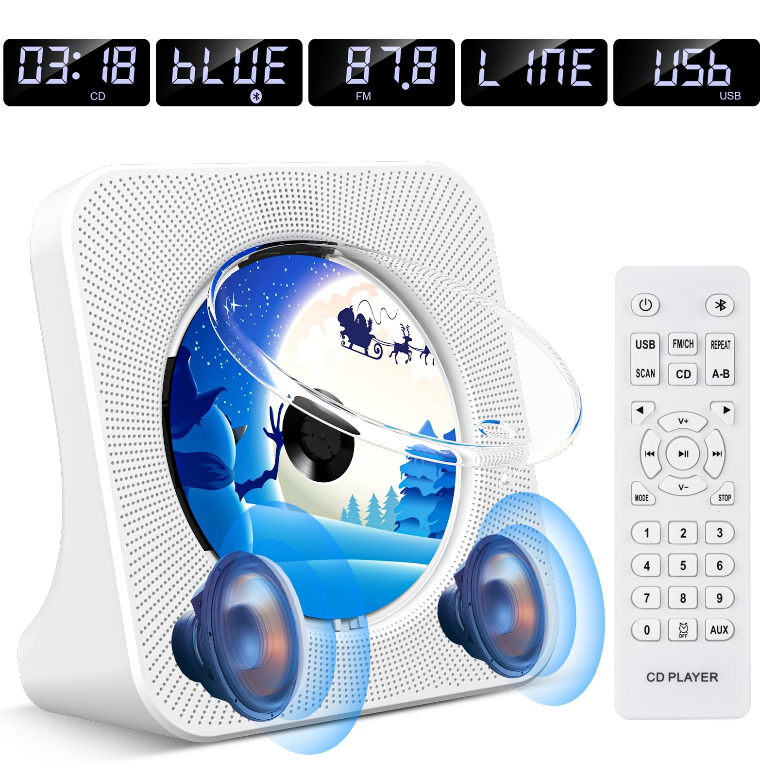 KOVCDVI Bluetooth CD Player with Speakers - 5.0 Wireless, Remote Control, FM Radio, USB/AUX Input, Digital Display & Dust Cover - Perfect for Home, Office & Desktop Music Playback (White)