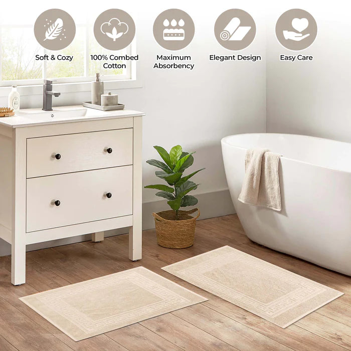 Premium Cotton 2-Piece Greek Key Border Bath Mat Set - Ultra Absorbent, Non-Slip Bathroom Rug - Perfect for Modern Bathrooms, Master Suites & Spa-Like Retreats