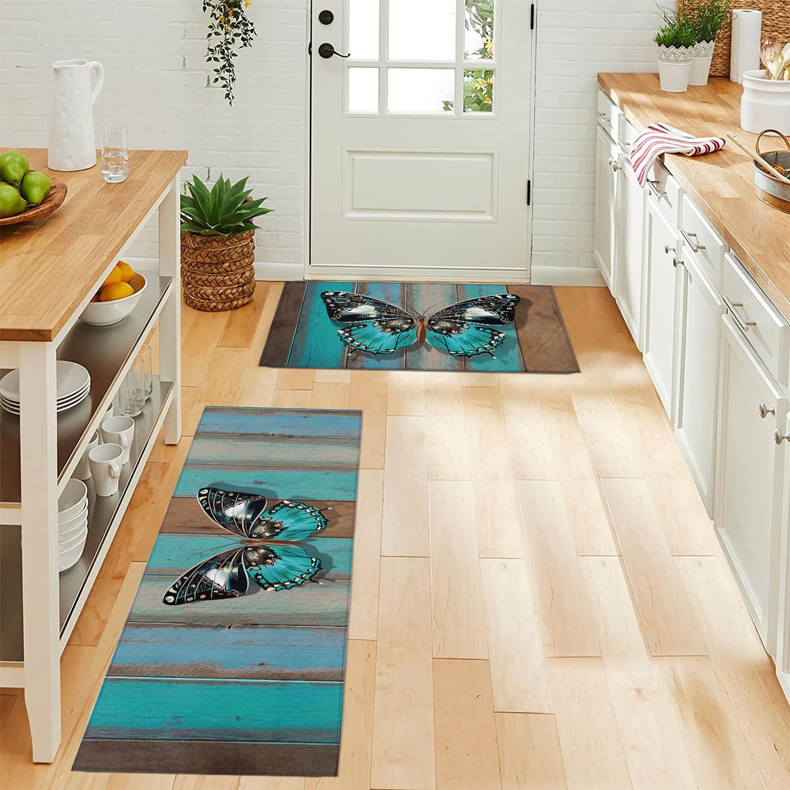 Turquoise Anti-Fatigue Kitchen Mats Set of 2 - Non-Slip Cushioned Floor Rugs for Comfortable Standing, Washable Wooden Plank Design with Butterfly Pattern - Perfect for Kitchens, Laundry Rooms & High-Traffic Areas