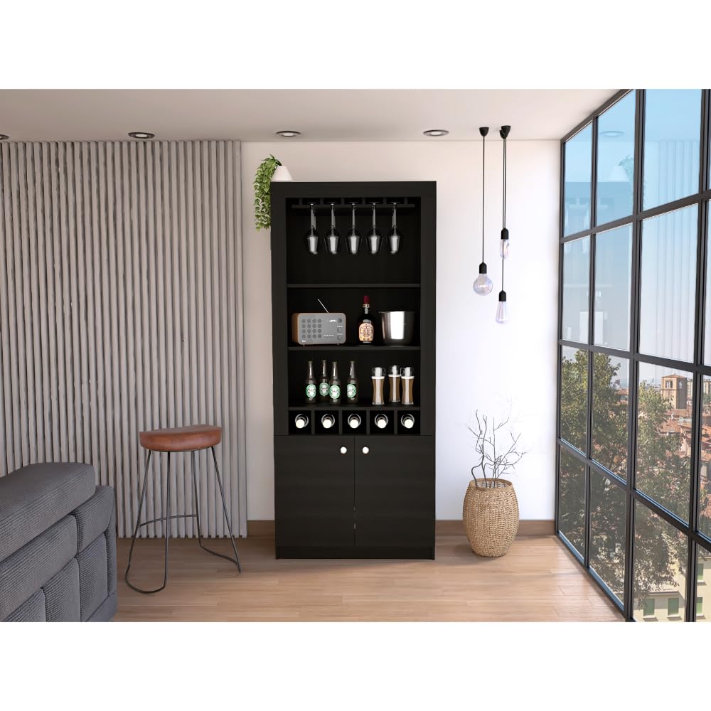 Tuhome Montenegro Bar Cabinet with Double Doors, 5 Built-in Wine Racks & 3 Adjustable Shelves - Black | Modern Home Bar Furniture for Living Room, Dining Room or Office