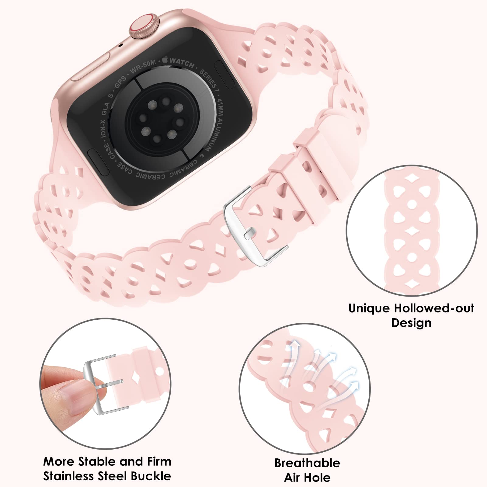 5 Pack Lace Silicone Bands for Apple Watch 38mm 40mm 41mm 42mm 44mm 45mm 49mm - Slim Breathable Sport Replacement Wristbands Compatible with iWatch Series 8/7/6/5/4/3/2/1/SE/Ultra - Perfect for Women's Workout, Running & Daily Wear