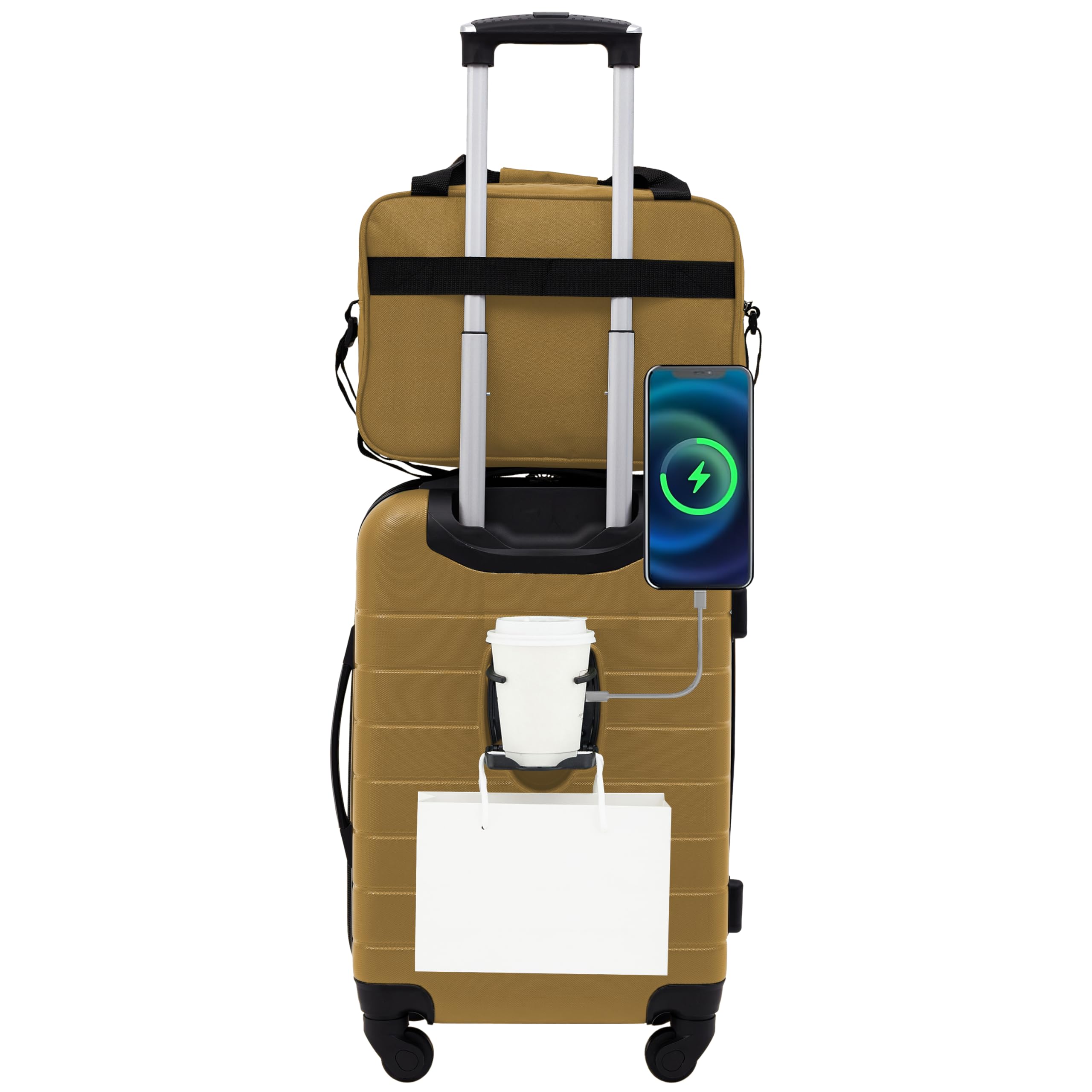 Wrangler Smart 2-Piece Luggage Set with Built-in USB Charging Port & Cup Holder - Wood Thrush Color - Perfect for Air Travel & Business Trips