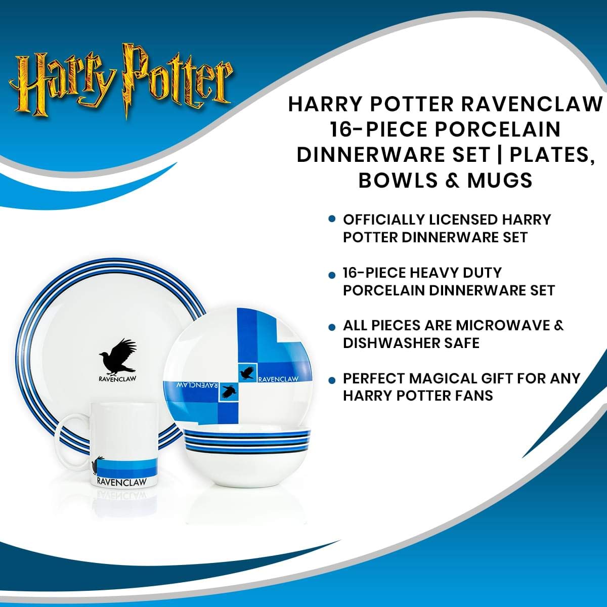 Harry Potter Ravenclaw 16-Piece Porcelain Dinnerware Set for 4 People - Includes 4 Dinner Plates, 4 Salad Plates, 4 Bowls & 4 Coffee Mugs - Perfect for Themed Parties, Collectors & Harry Potter Fans