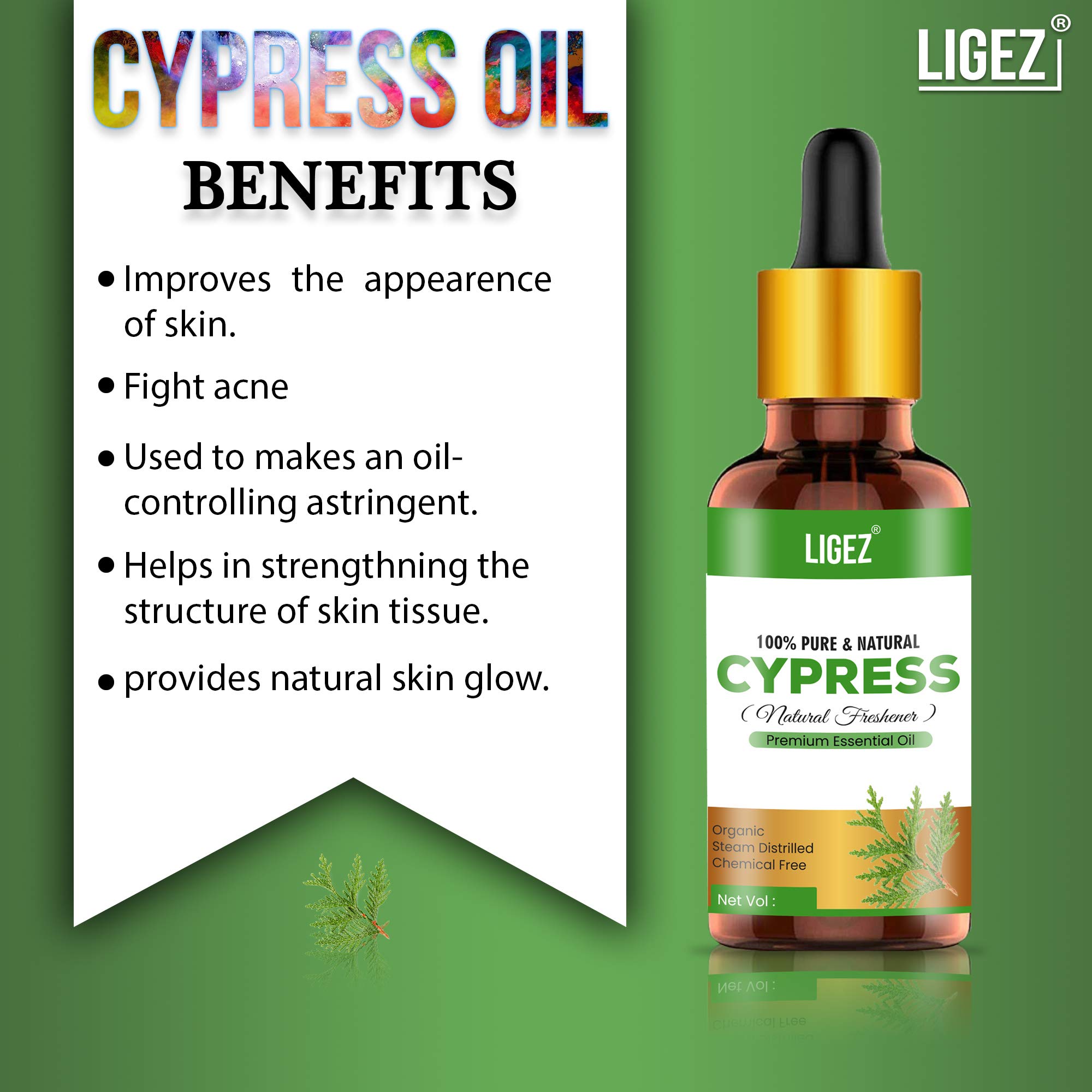 Ligez 100% Pure Cypress Essential Oil 30ml - Natural Aromatherapy for Relaxation, Stress Relief & Skin Care | Diffuser, Massage & DIY Beauty Uses
