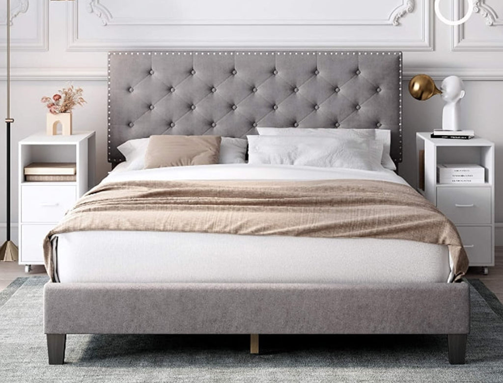 Luxury Grey Velvet Button Tufted Adjustable Bed Frame - Double, Queen & King Size - Model Ruby for Master Bedroom & Guest Room