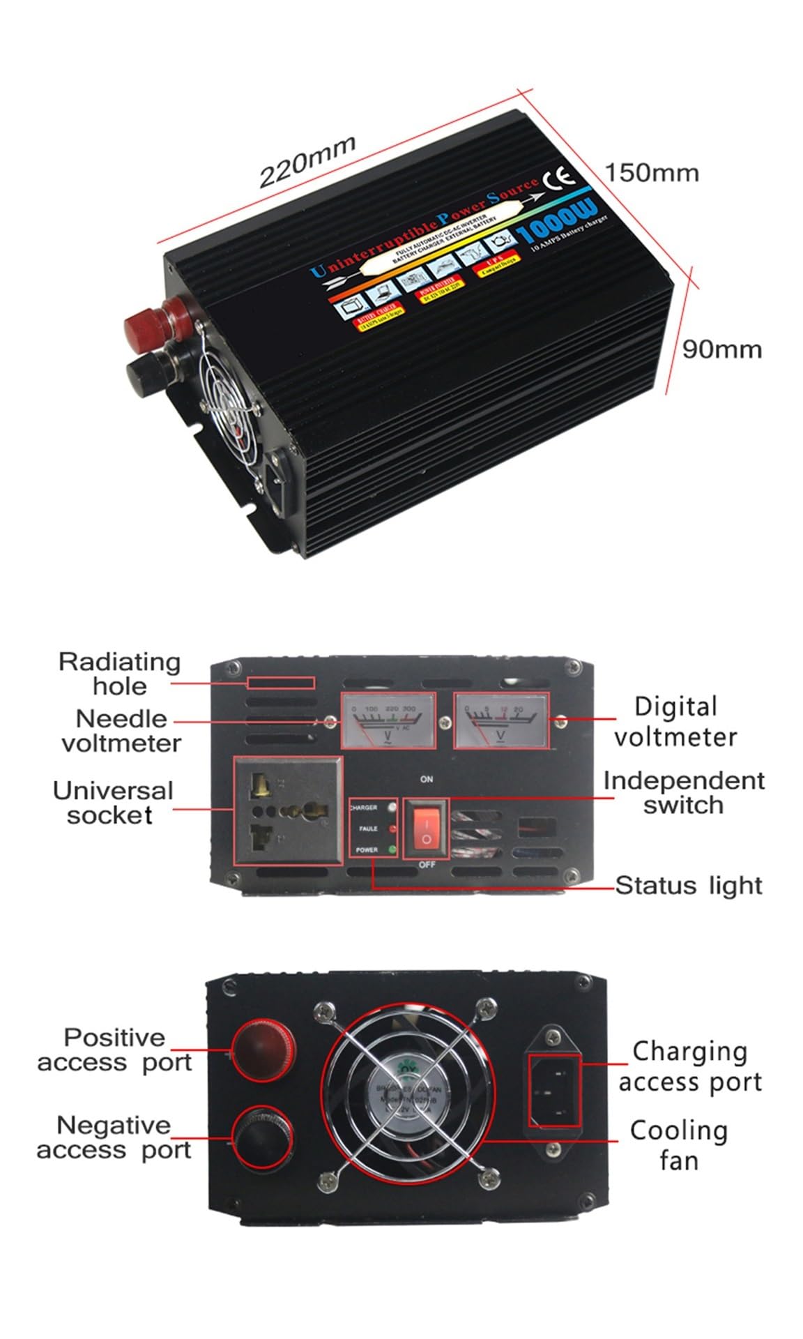 1000W Pure Sine Wave UPS Uninterruptible Power Supply with Charging Function & Voltage Display - 24V/110V for Home Office, Server Backup & Power Outages
