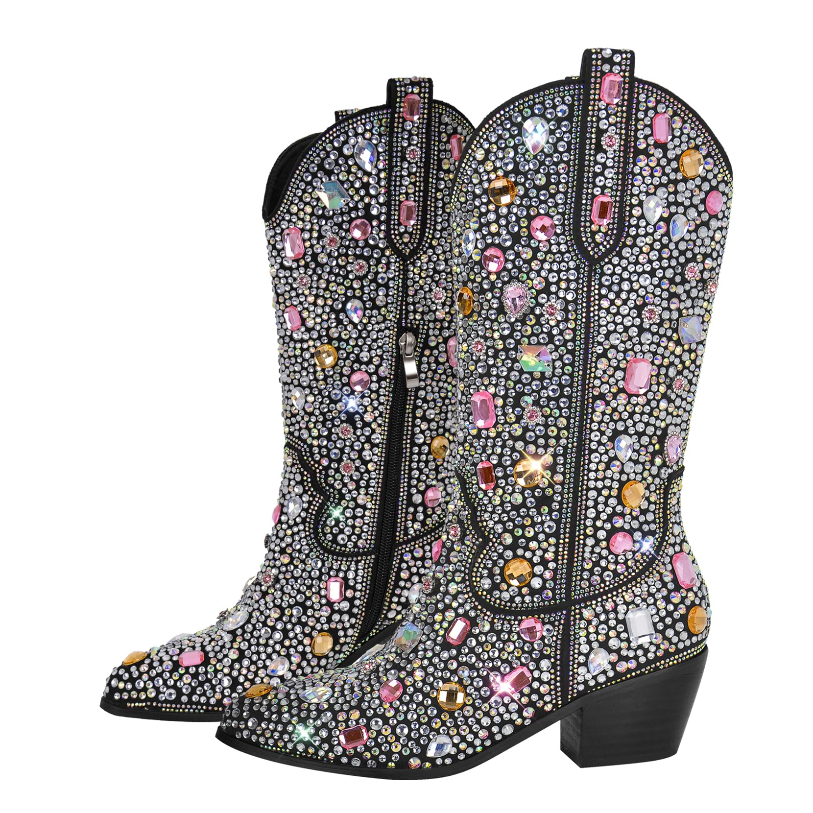Sparkly Rhinestone Cowboy Cowgirl Boots for Women - 2 Inch Heel Calf High Western Boots with Pull-On Tabs | Perfect for Country Dancing, Rodeos & Festive Occasions