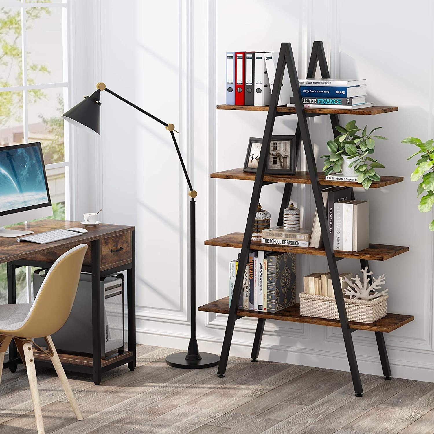 4 Tier A-Shaped Industrial Ladder Bookshelf - Rustic Wood Bookcase for Home Office, Living Room & Bedroom Storage - Perfect for Displaying Books, Plants & Decorative Items