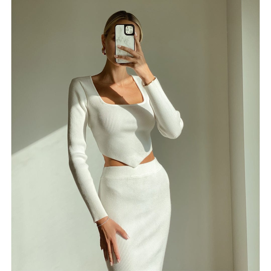 FILA Women's White Long Sleeve Triangle Front Cut Knit Crop Top - Trendy Casual Wear for Street Style & Layering Outfits