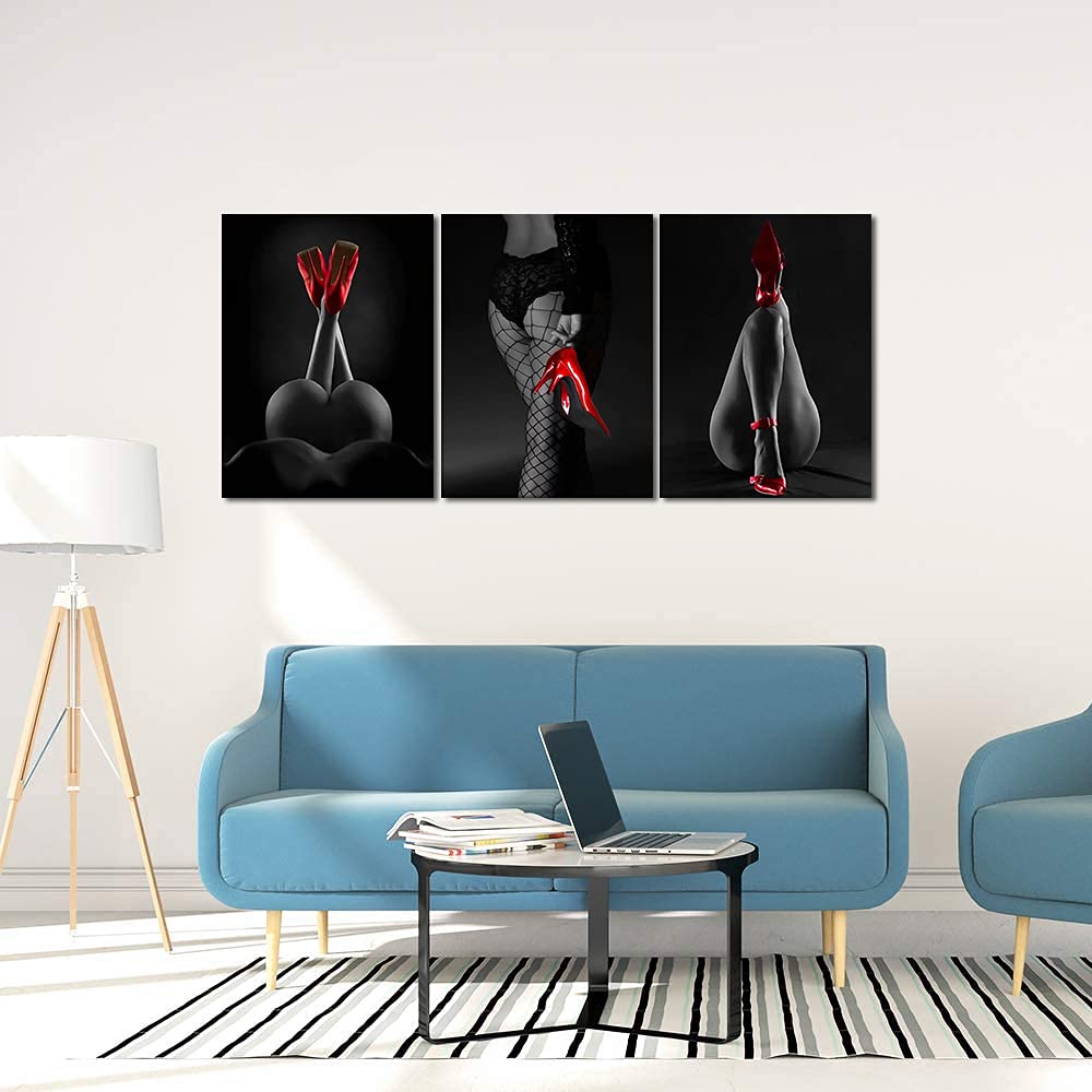 Modern 3-Piece Fashion Oil Painting Set - HD Canvas Wall Art with Sexy Lady Portrait, Black Mesh Socks & Red High Heels - Stretched & Framed Gallery Wrap (60''W x 28''H) - Perfect for Living Room, Bedroom & Office Decor
