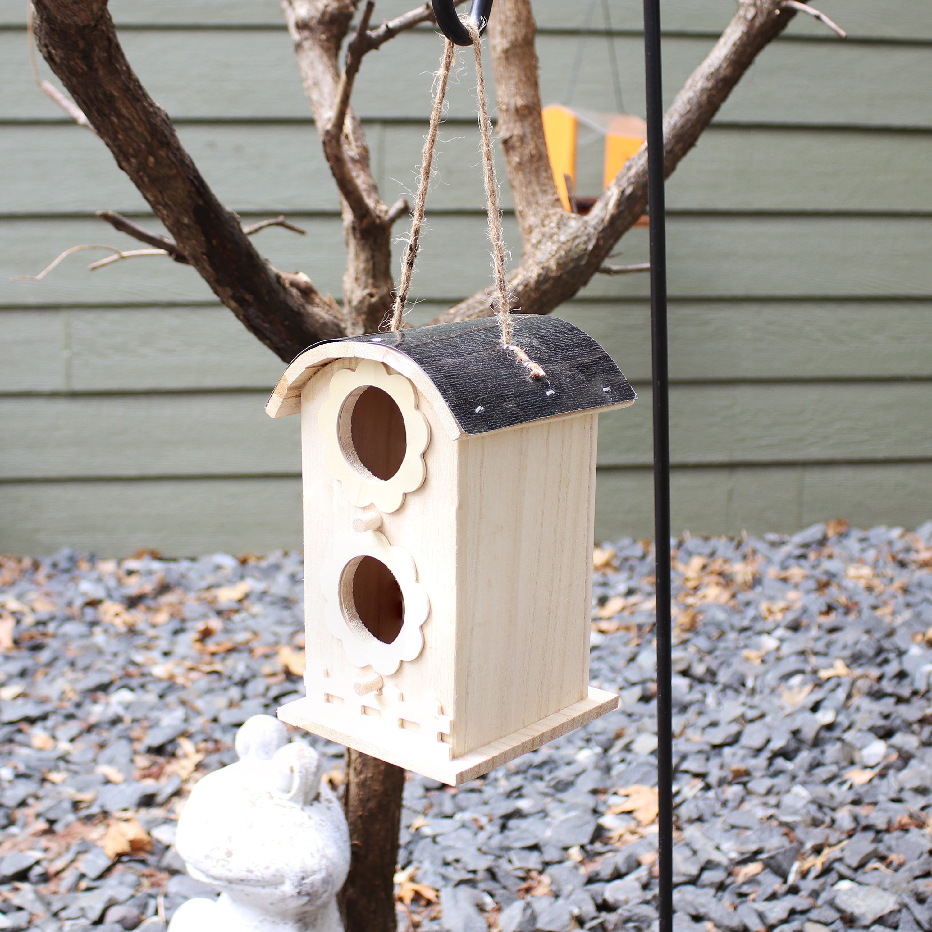Sunnydaze Wooden Bungalow Outdoor Hanging Bird House - Natural Wood Bird Feeder for Garden, Patio & Backyard - Attracts Wild Birds for Birdwatching & Nature Lovers