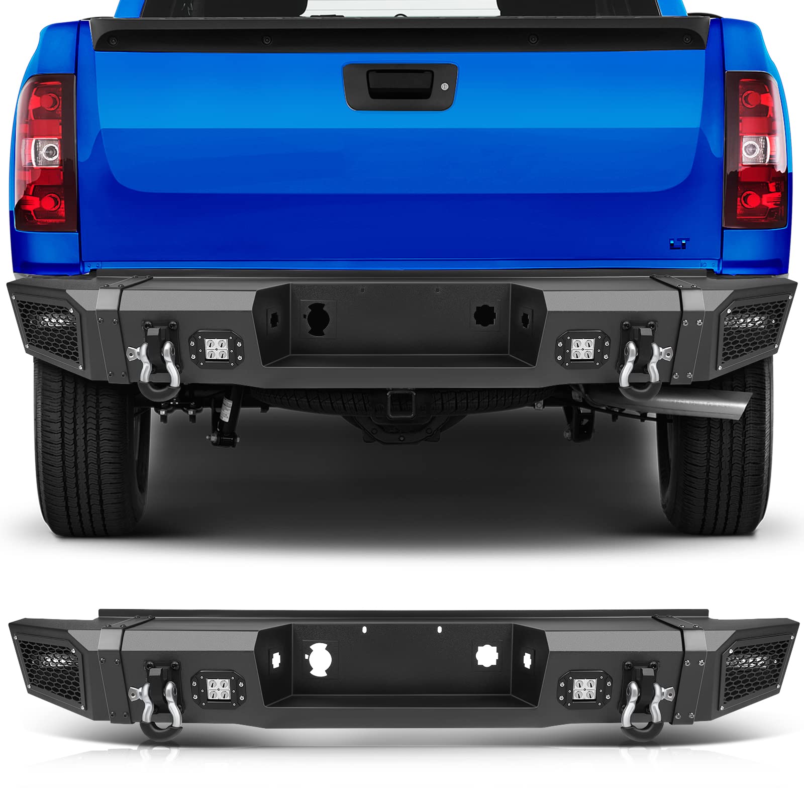 ECCPP Textured Black Rear Bumper with D-Ring & LED Lights Compatible with 2007-2013 Chevrolet Silverado 1500 & GMC Sierra 1500 Pickup Trucks - Off-Road Protection & Enhanced Style