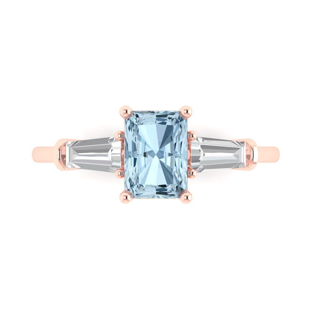 2.0 Carat Emerald Cut Aquamarine Engagement Ring - 3 Stone Solitaire Bridal Ring in 14K Rose Gold - Perfect for Anniversary, Proposal & Wedding Jewelry Gifts