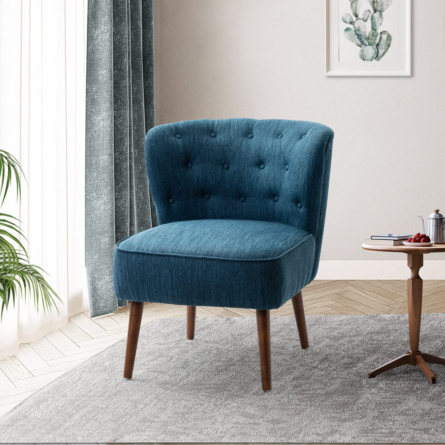 HULALA HOME Modern Accent Chair with Wood Legs - Upholstered Armless Slipper Chair for Living Room, Bedroom, Guest Room & Vanity - Navy Blue Tufted Wingback Side Chair for Reading Nook & Home Office