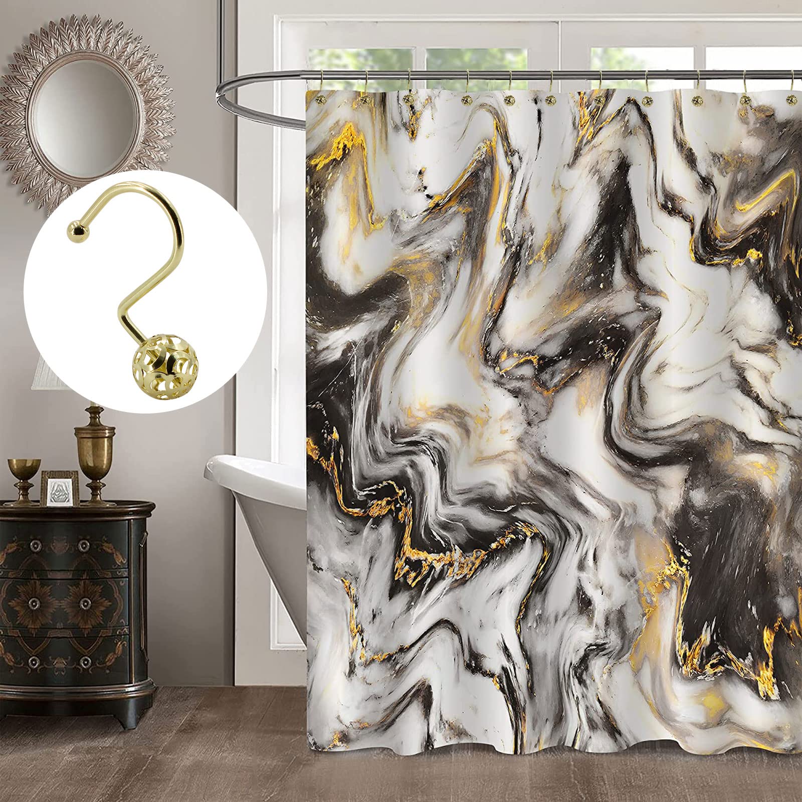 Premium Gold Metal Shower Curtain Hooks with Hollow Ball Design - Rust-Proof Bling Yellow Shower Rings for Curtain Liners & Bathroom Accessories - Perfect for Modern Bathrooms, Spa Retreats & Luxury Home Decor