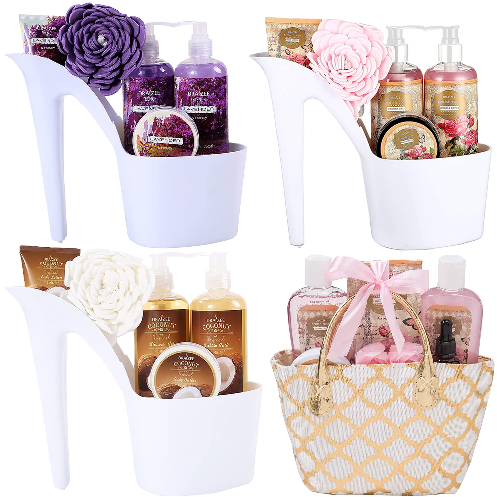 Luxury Spa Gift Set for Mom - 4 Floral Scents (Rose, Lavender, Coconut, British Rose) with Shower Gel, Bubble Bath, Body Butter & Lotion | Perfect Mother's Day Gift Basket by Draizee | Relaxing Bath & Self-Care Essentials