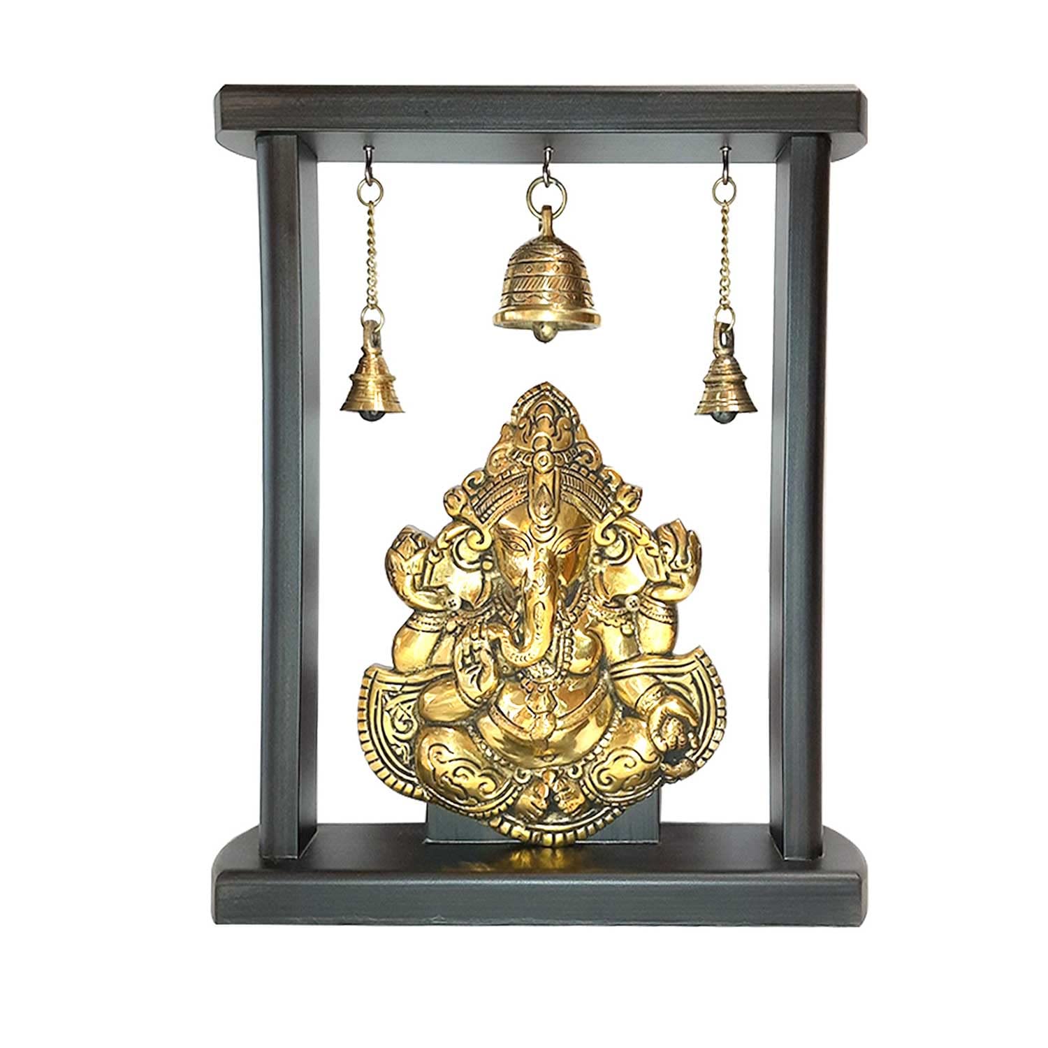 Handmade Brass Ganesh Statue for Home Decor - 13 Inch Hindu God Ganesha Idol - Premium Brass & Wood Temple Showpiece - Perfect for Pooja Room, Office Desk & Meditation Space