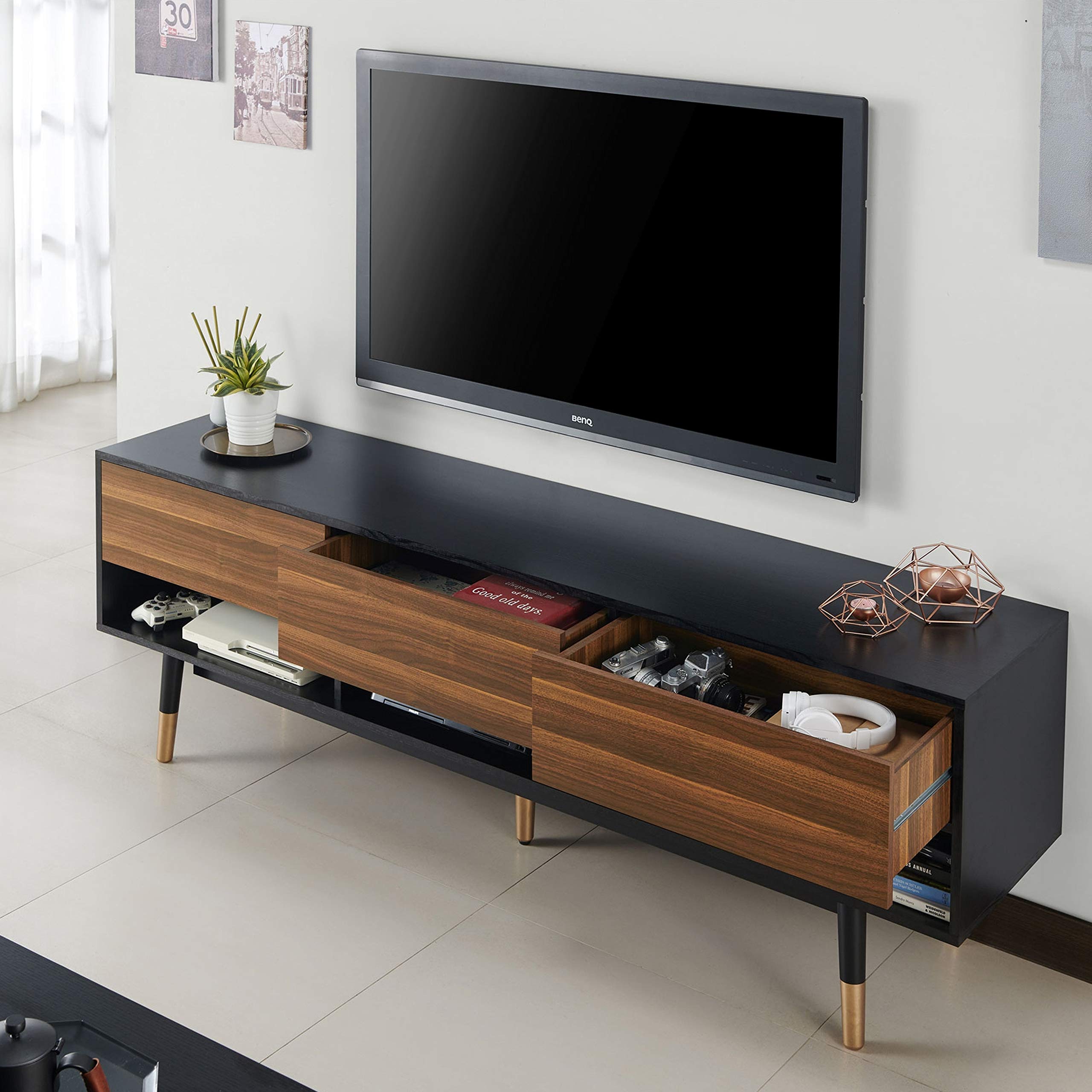 Mid-Century Modern TV Stand with Drawers - Black & Brown MDF Wood Walnut Finish - Includes Hardware - Perfect for Living Room, Bedroom & Home Theater Setup