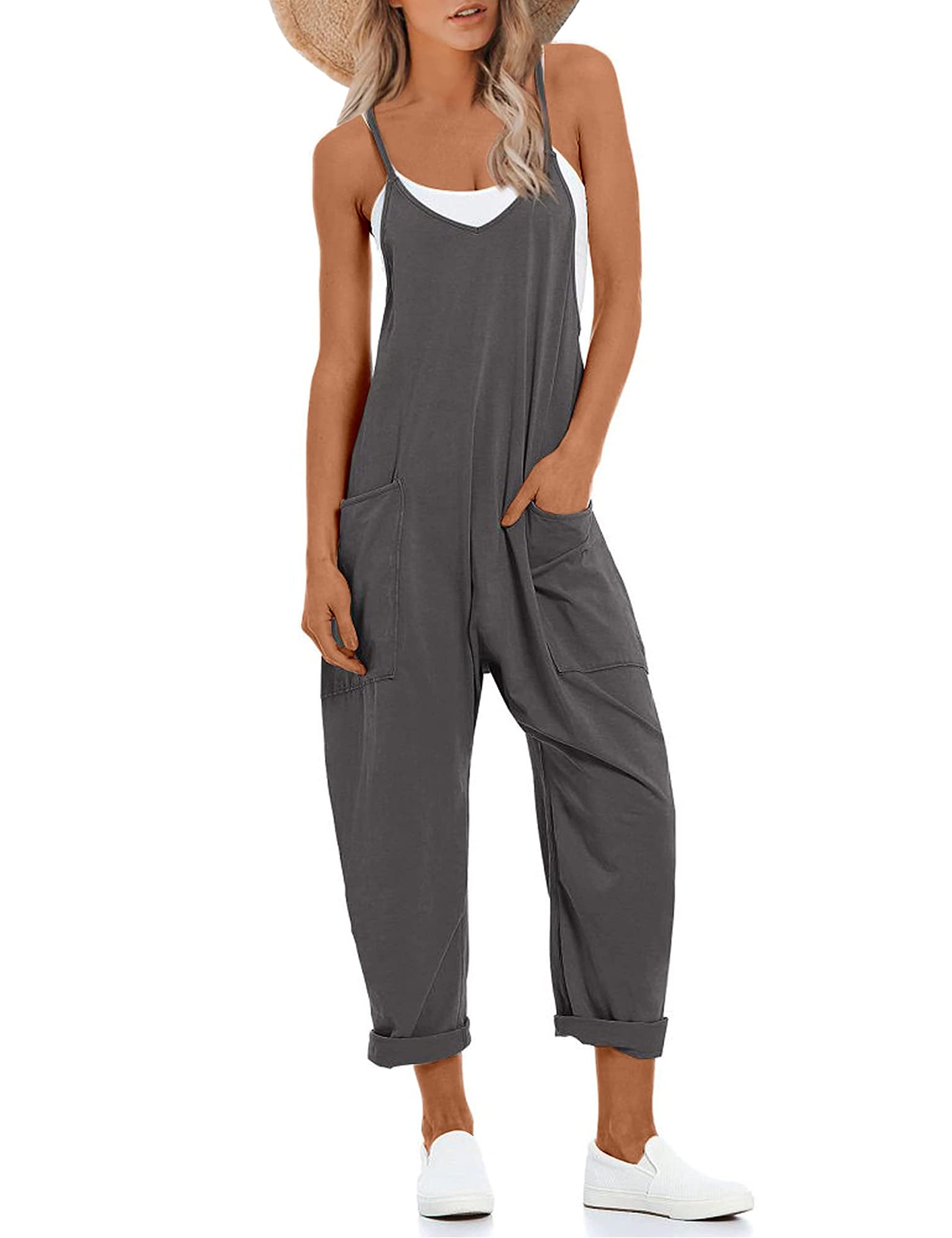 Lentta Women's Casual Jumpsuit - V Neck Sleeveless Romper with Adjustable Straps & Pockets | Stretchy Harem Overalls for Summer Outings, Beach Wear & Casual Fashion