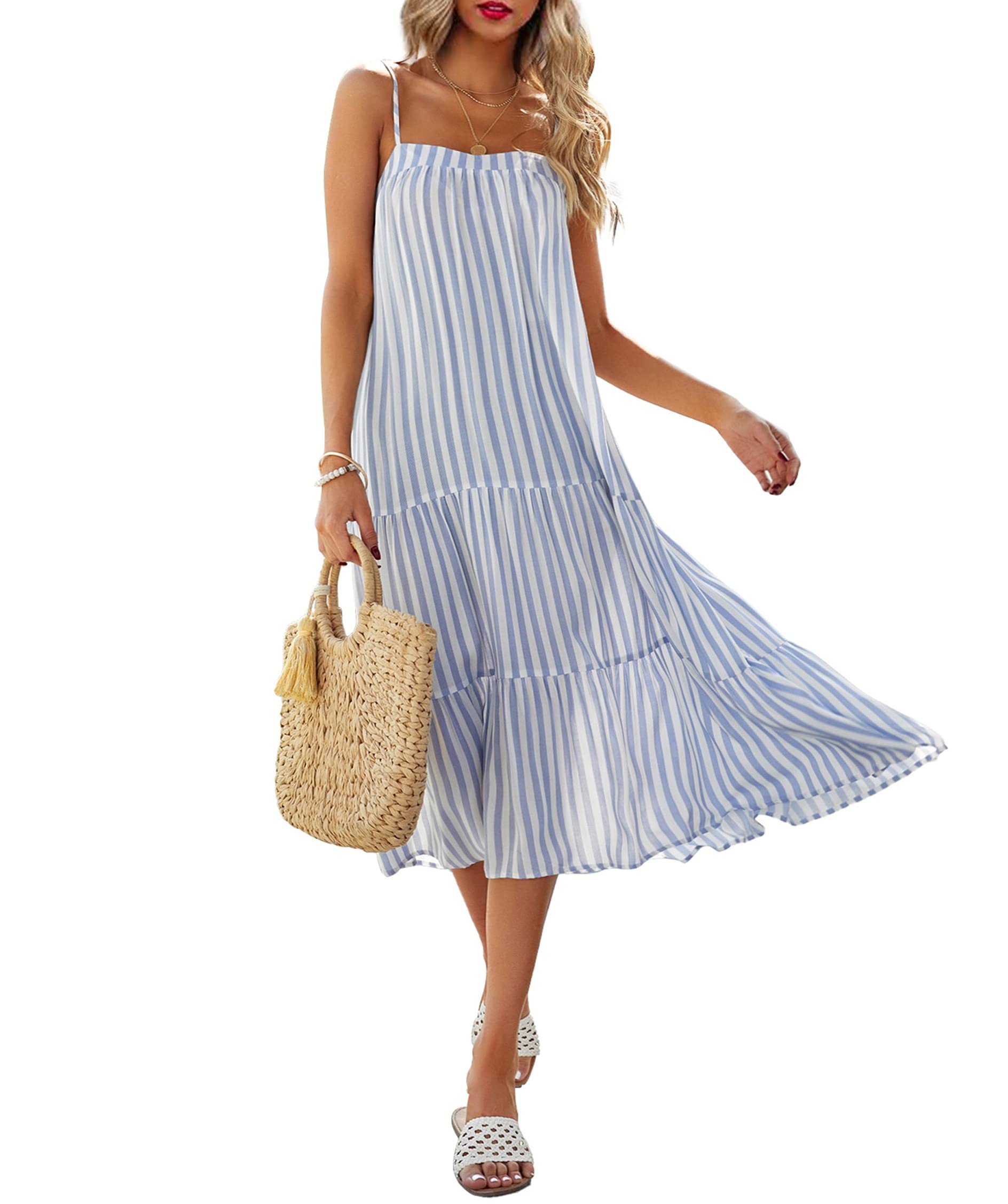 Awoscut Women's Plus Size Striped Spaghetti Strap Maxi Dress - Sleeveless Summer Sundress for Beach, Vacation & Casual Wear | Sexy Swing Dress Cover Up