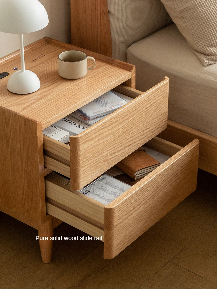 Oak Solid Wood Smart Nightstand with Wireless Charger, USB Ports & Built-in Lamp - Perfect for Bedroom, Living Room & Office