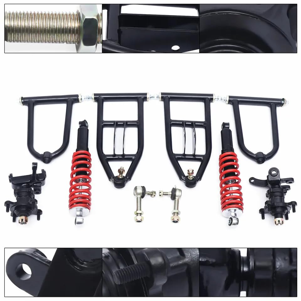 340MM Front Suspension Arm Set Assembly - Upper & Lower Swingarm with 2x Steering Strut Knuckle Spindle & Wheel Hub - Compatible with Quad Bike, Buggy, Electric ATV, Go Kart - Flange Hole Φ8 - Perfect for Off-Roading, Racing & Adventure Riding