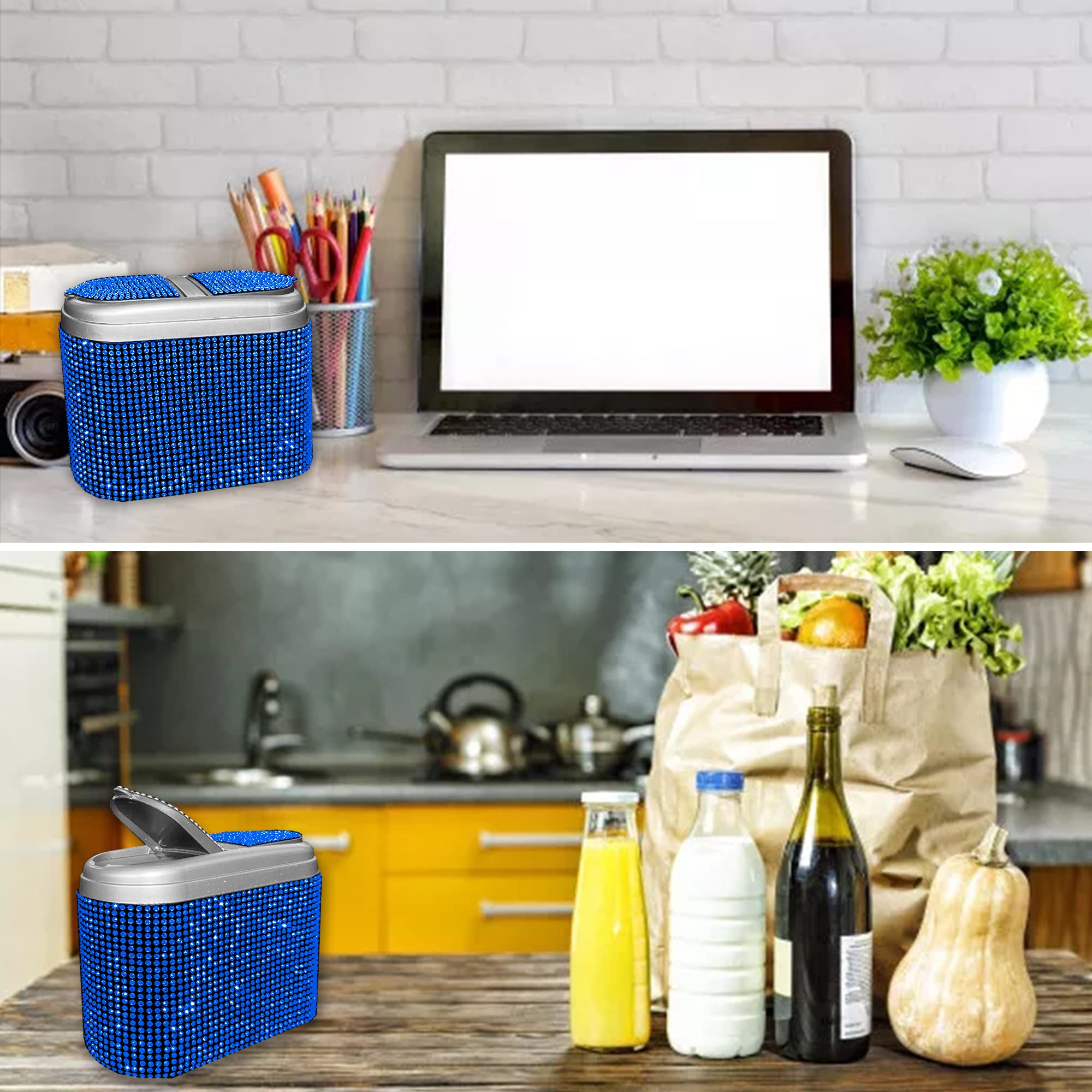 **Sparkling Crystal Car Trash Can with Lid - Hanging Waterproof Auto Garbage Bin for Car, Office, Home & Bedroom - Mini Bling Trash Bag for Desktops & Vehicles (Blue)**    *(Perfect for road trips, daily commutes, office desks, bedrooms, and keeping your space clean & stylish!)*