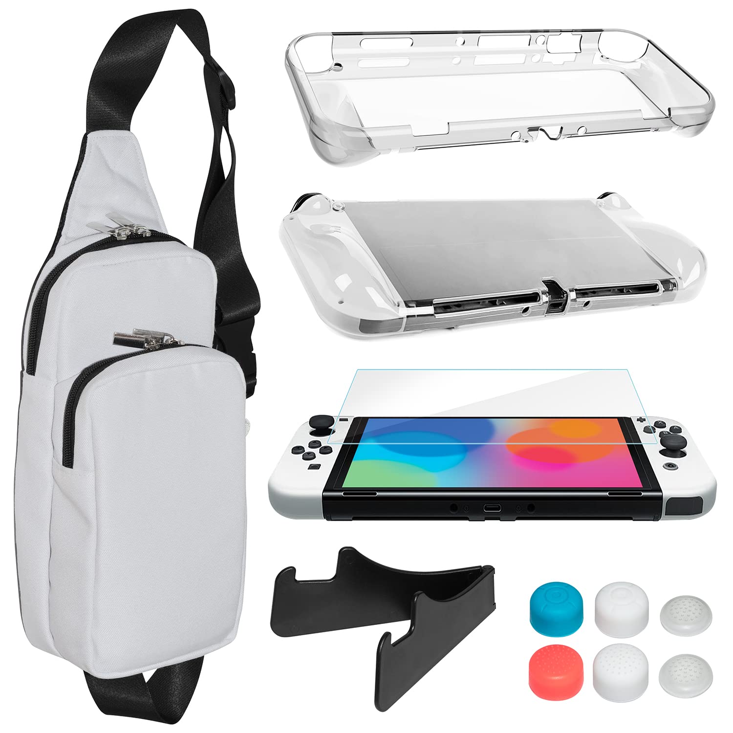 Premium TPU Case Cover Accessories Kit for Nintendo Switch OLED Model - Includes Travel Shoulder Bag, Tempered Glass Screen Protector, Thumb Grip Caps & Mini Playstand (Translucent Clear) | Perfect for Gaming On-The-Go & Travel Protection