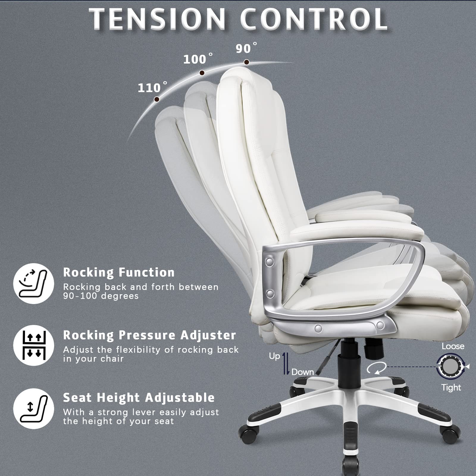 LEMBERI Ergonomic Office Desk Chair - Big & Tall Executive High Back Computer Chair with Adjustable Height, PU Leather & Cushion Support - Perfect for Long Hours Sitting in Home Office or Workspace (White)