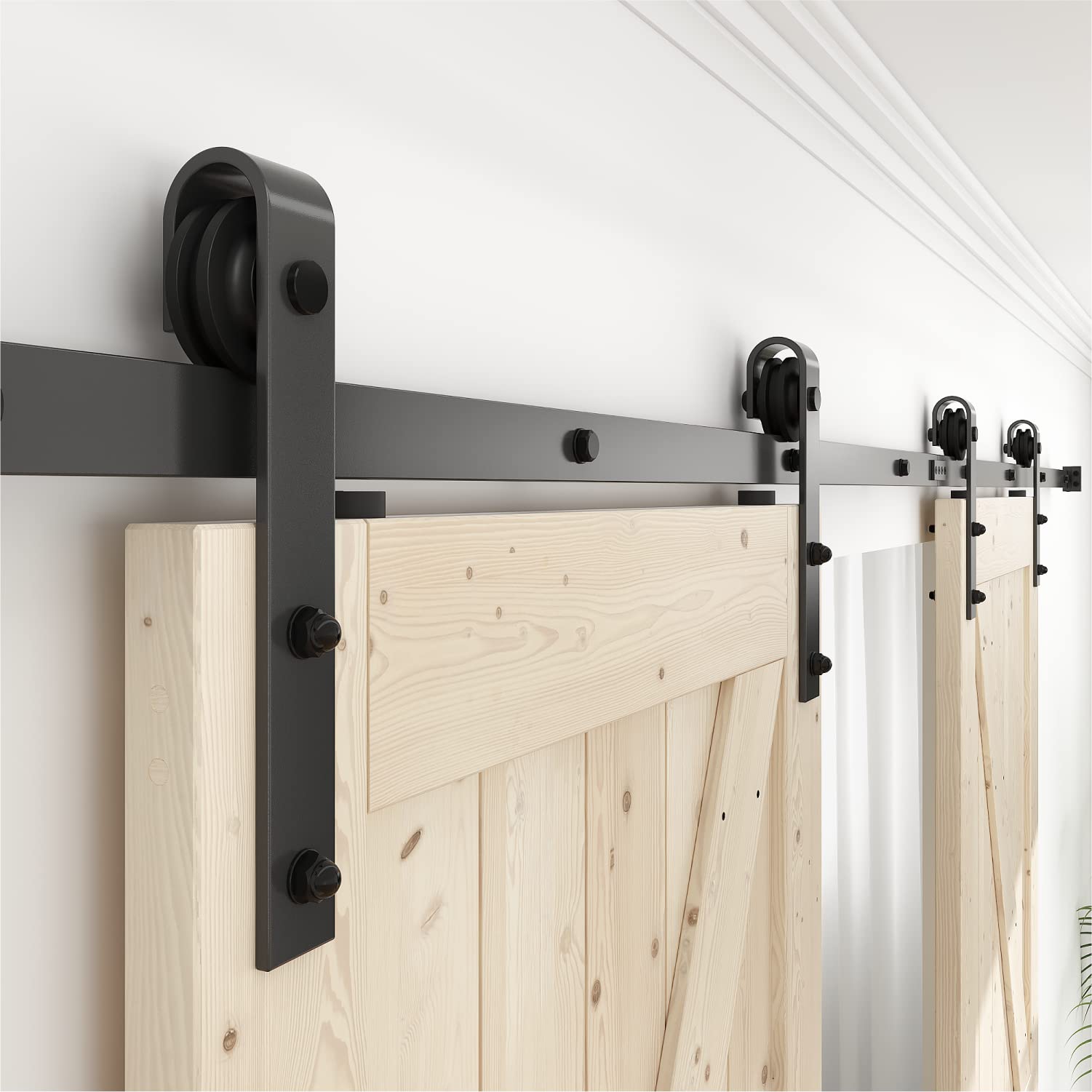 WINSOON 8FT Antique Black Double Sliding Barn Door Hardware Kit with Roller Track - Adjustable 4-18FT for Bedroom, Closet, or Farmhouse Style Interior Design