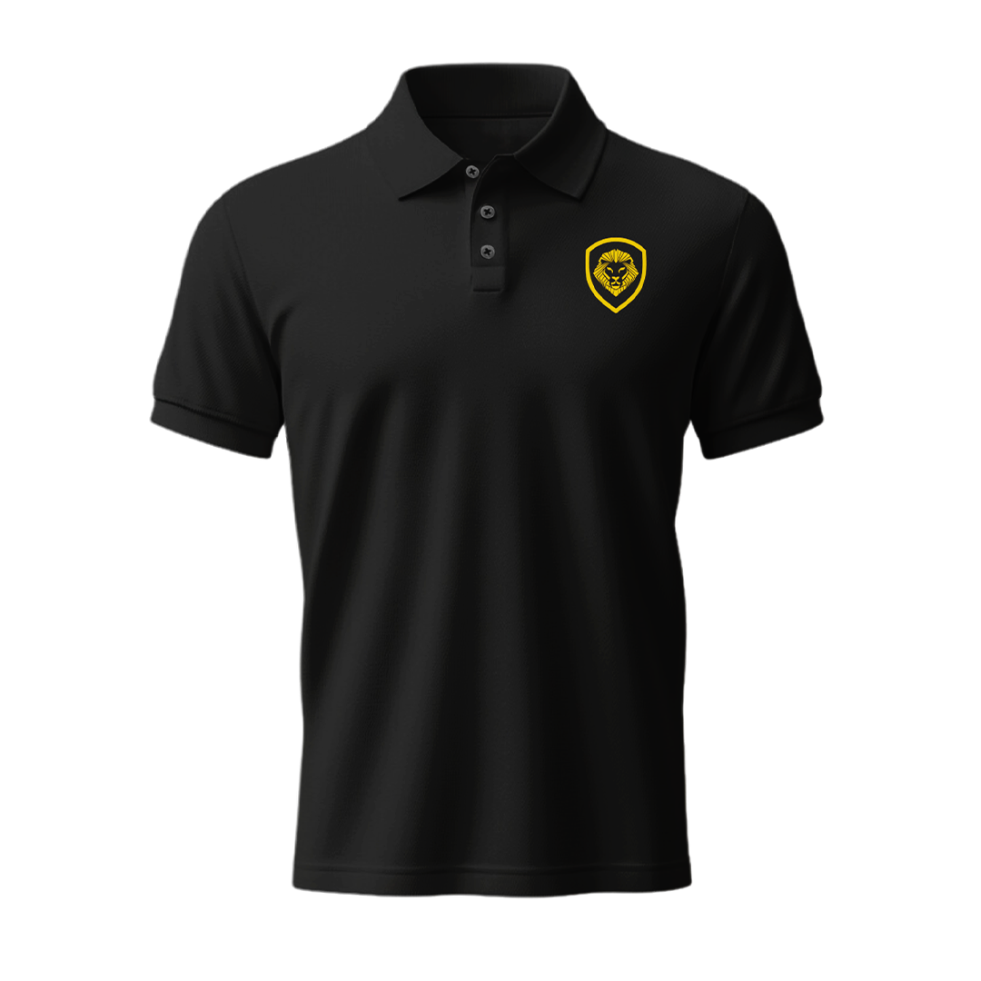 Lion Shield Black & Gold Short Sleeve Polo Shirt for Men - Classic Fit Cotton Blend Casual Business Wear - Perfect for Office, Golf & Summer Outings