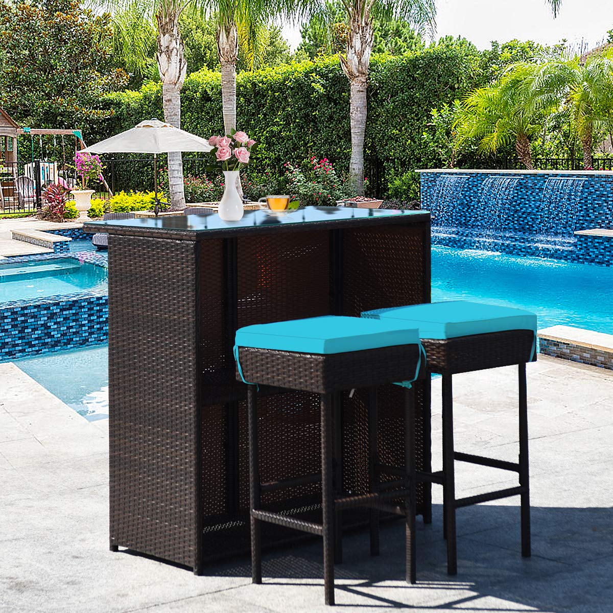 HappyGrill 3-Piece Outdoor Bar Set - Rattan Wicker Bar Stools & Table with Cushions, Glass Table Top & Storage Shelves - Perfect for Poolside, Garden, Patio Dining & Entertaining