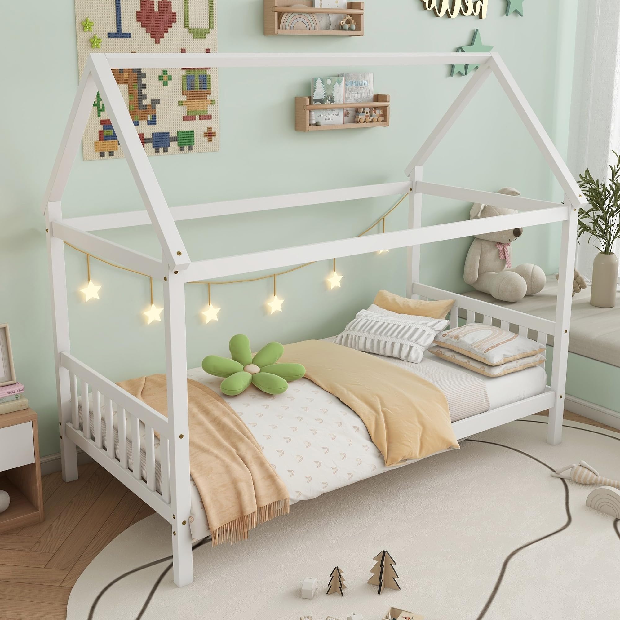 Montessori Twin Size House Bed for Kids - Solid Rubber Wood Platform Bed with Headboard, Footboard & Roof - Low Profile Bed Frame for Girls, Boys & Teens - Ideal for Bedrooms, Playrooms & Montessori Learning Spaces - White