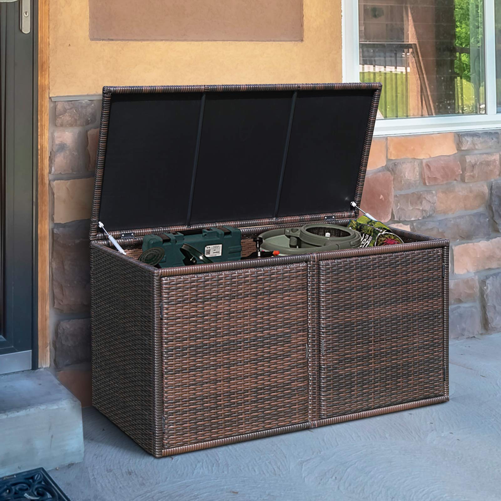 **Tangkula 88 Gallon Outdoor Wicker Storage Box with Steel Frame & Lid – Weather-Resistant Rattan Deck Bin for Garden Tools, Patio Accessories, Pool Toys, and Backyard Organization (Brown)**