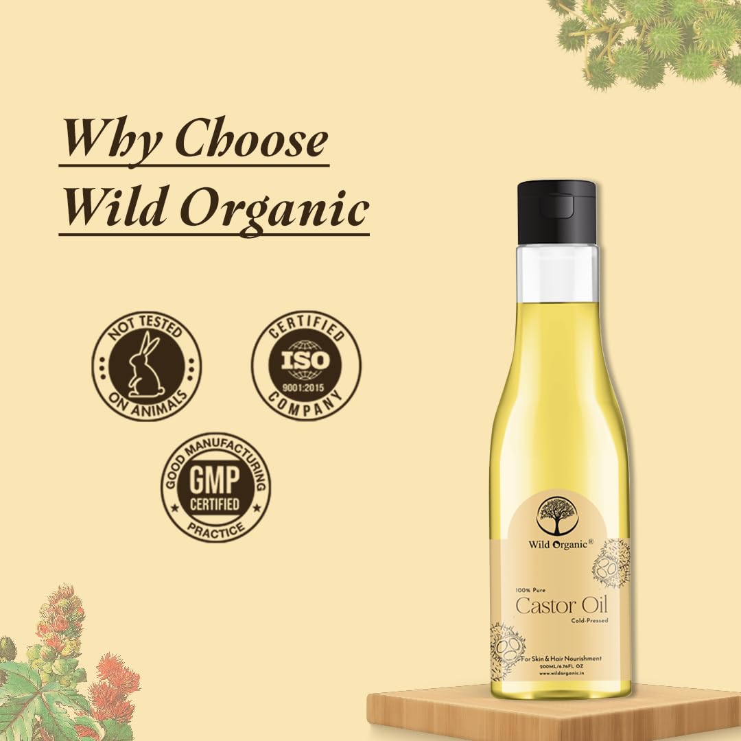 WILD ORGANIC 100% Pure Cold-Pressed Castor Oil for Skin & Hair Care - Moisturizing, Healing, Promotes Hair Growth - 100ml - Perfect for Daily Beauty Routine & Natural Remedies