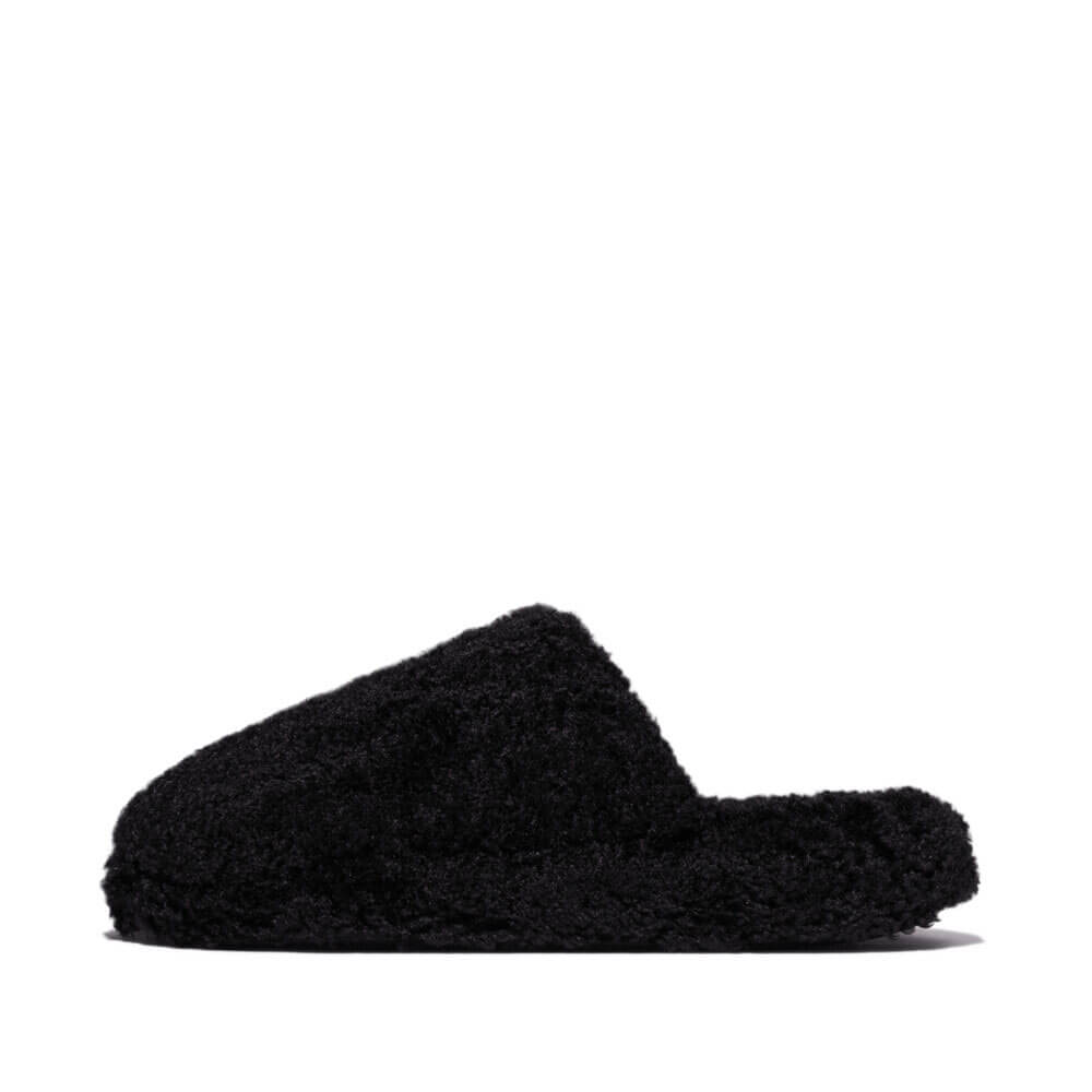 FitFlop iQushion D Luxe Teddy Slippers for Women - Soft Memory Foam Mule Slides with Arch Support - All Black House Shoes for Indoor/Outdoor Comfort & Relaxation