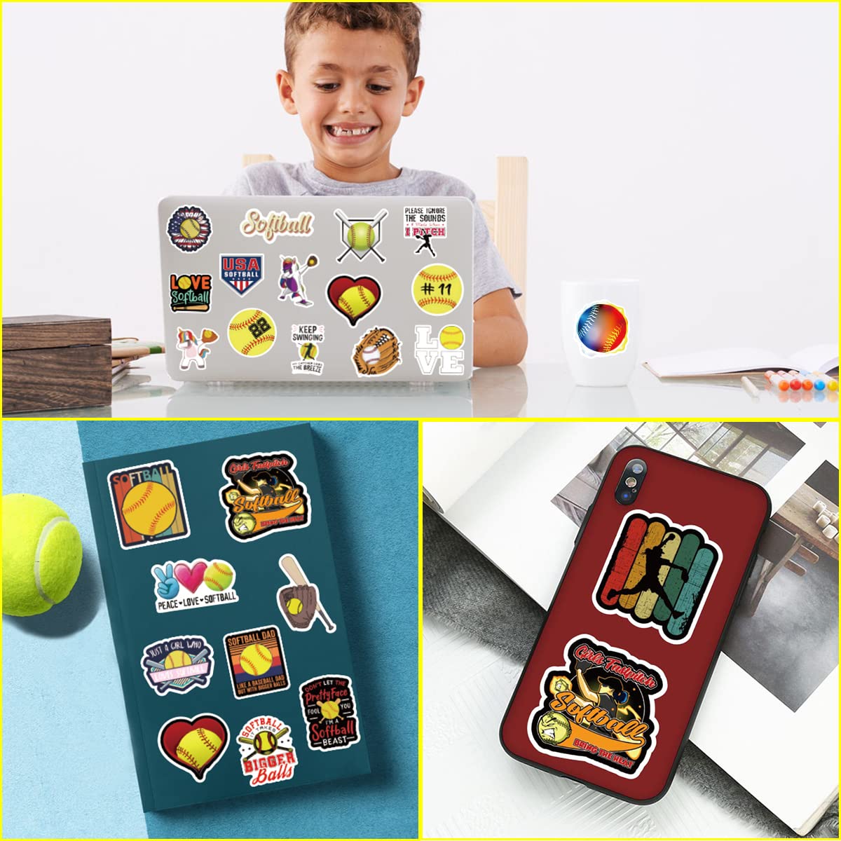 100PCS Softball Stickers - Fun Decals for Helmets & Awards - Perfect Softball Gifts for Girls & Boys - Great for Team Prizes, Locker Decor & Sports Accessories