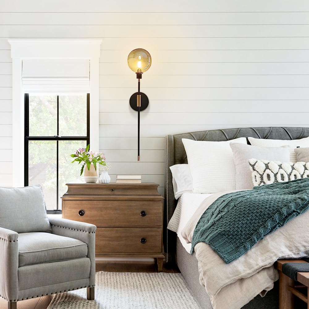 Modern Glass Globe Wall Sconce Light Set of 2 - Brass & Black Contemporary Lighting with Smoke Glass for Hallway, Bedroom, or Living Room - Large Long Sconce Wall Lights for Home Decor