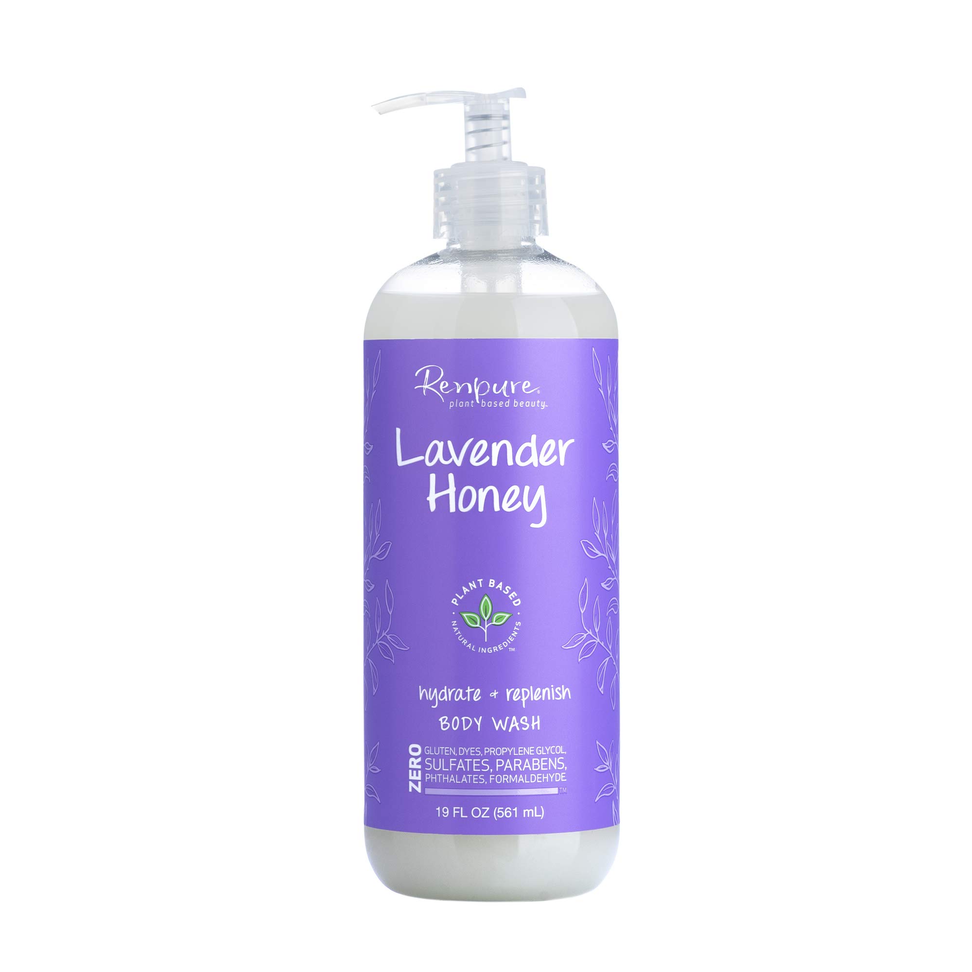 RENPURE Organic Lavender Body Wash with Manuka Honey & Coconut Oil – Sulfate-Free, Moisturizing Shower Gel for Sensitive Skin – 19oz Pump Bottle for Women | Gentle Daily Cleanser for Dry Skin & Relaxing Aromatherapy