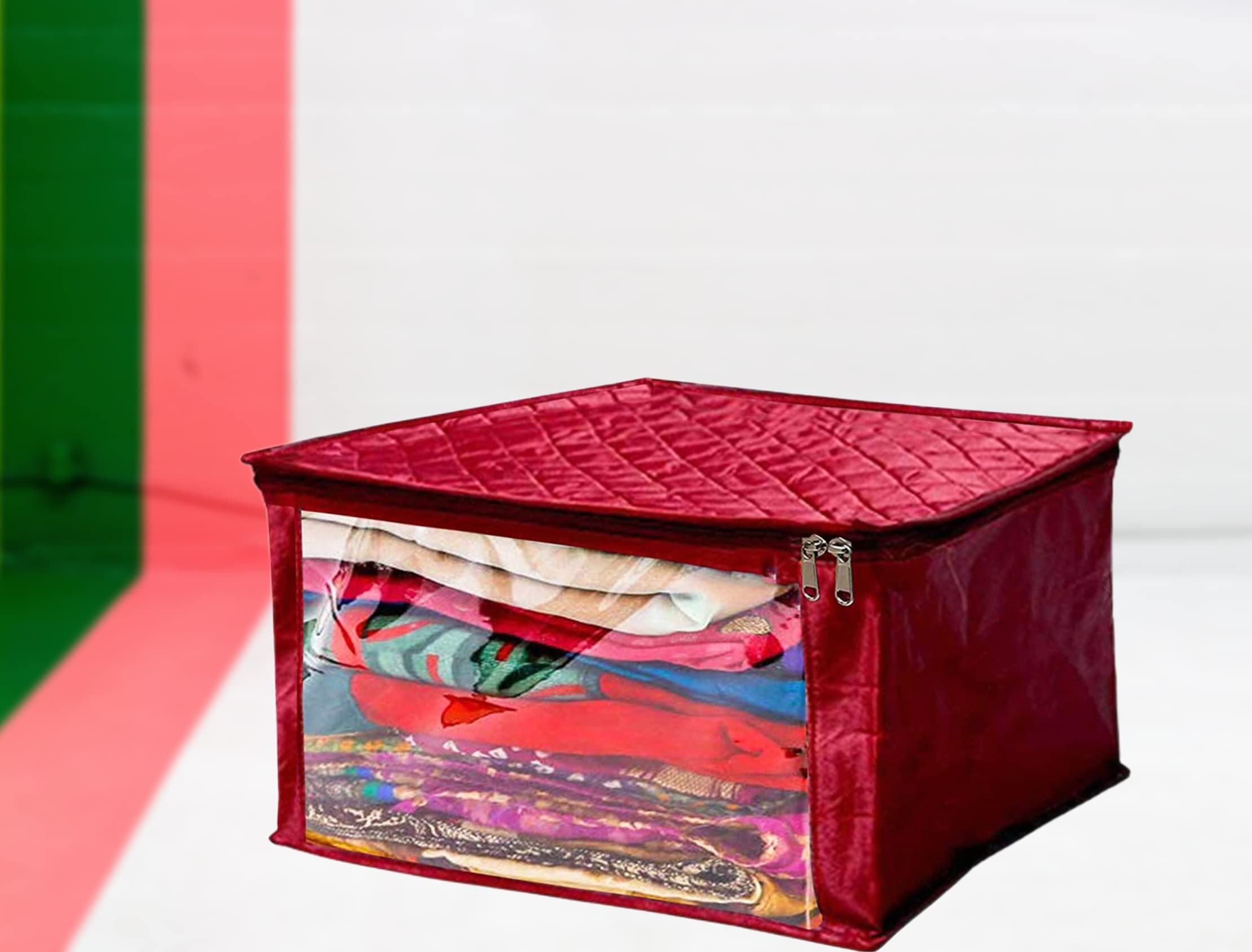Premium Satin Fabric Foldable Garment Bag with Clear Window & Zipper Lock - Saree Blouse Cover, Wardrobe Organizer Pouch (Maroon, Pack of 1) - Perfect for Travel, Closet Storage & Bridal Outfit Protection