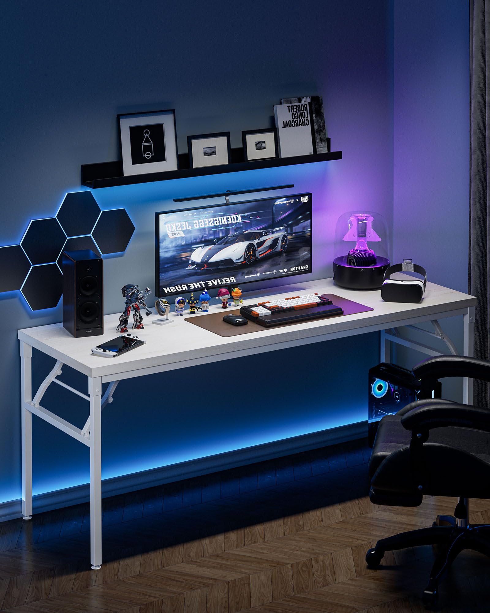 70 Inch TEMI Computer Desk - Large Wooden Folding Desk for Home Office | Executive Writing & Gaming Desk | Space-Saving Foldable Work Table (No Assembly Required, White) - Perfect for Small Spaces, Remote Work & Gaming Setups