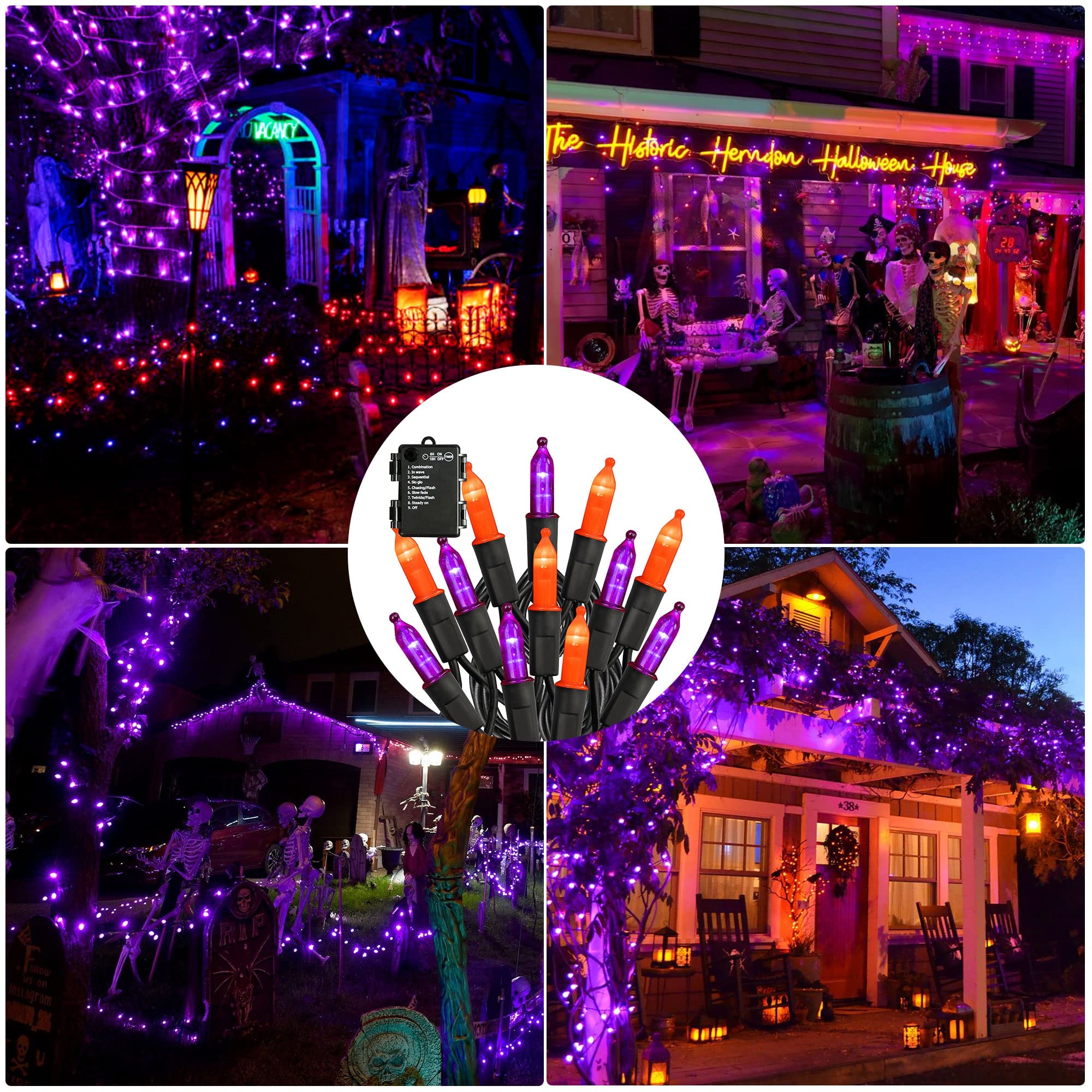 Battery Operated Halloween Lights - 2 Pack 100 LED 32FT Orange & Purple String Lights, Waterproof Outdoor/Indoor Decor with 8 Lighting Modes - Perfect for Halloween Party, Patio, Yard, and Home Decorations