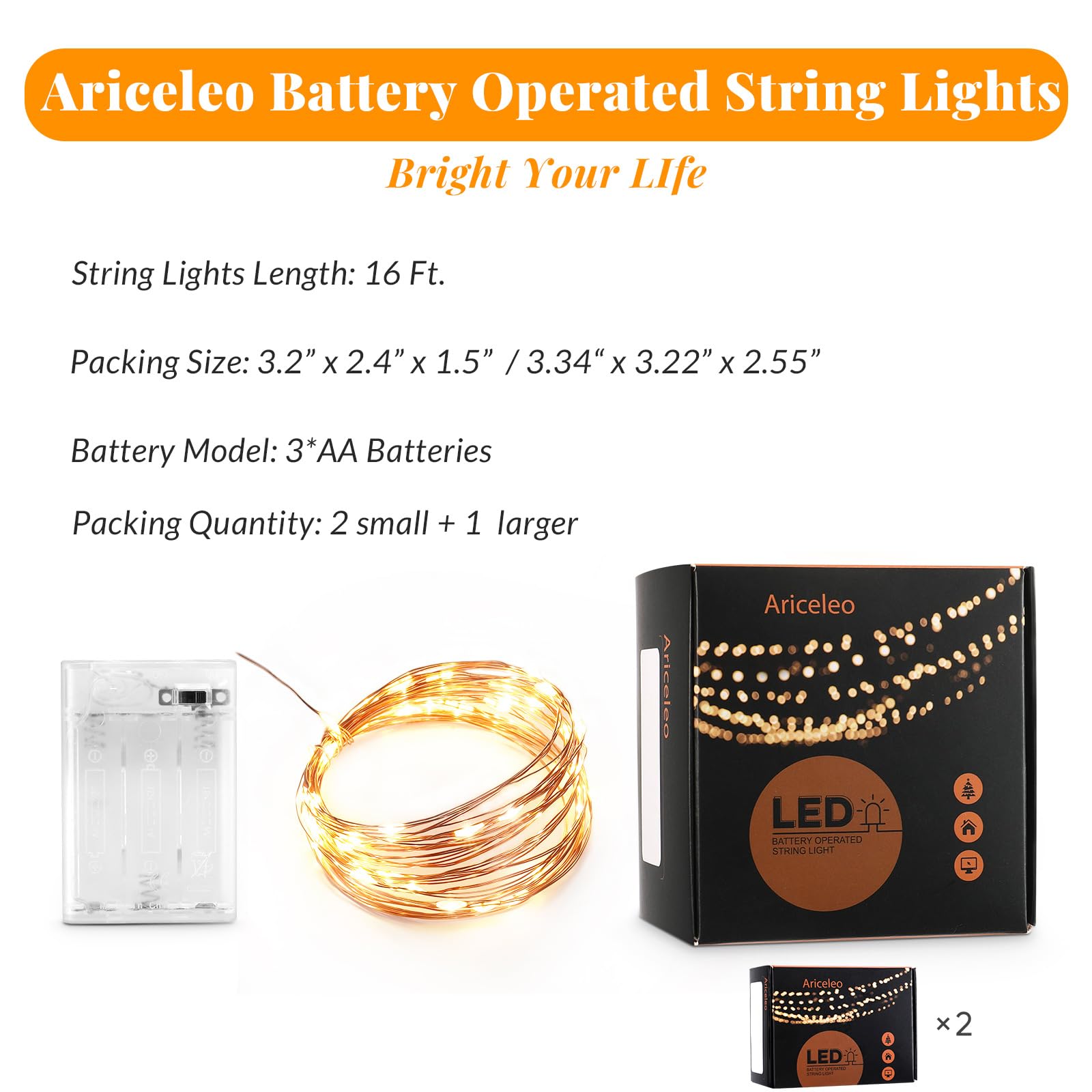 Ariceleo 2-Pack LED Fairy Lights - 5m Warm White for Bedroom, Wedding & Party Decor