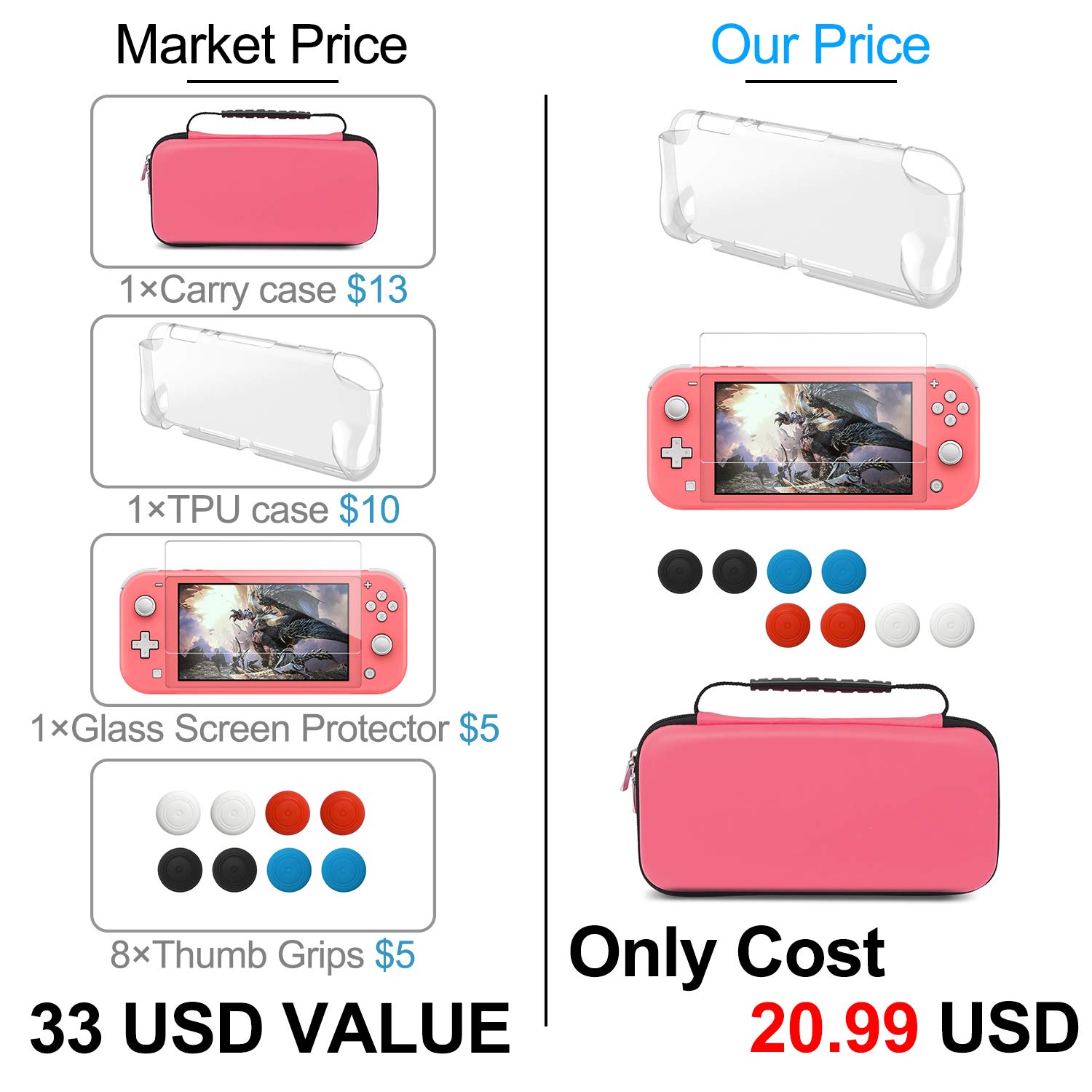 Nintendo Switch Lite Accessories Bundle - Coral Carry Case, TPU Protective Cover, Thumb Grip Covers & Screen Protector | Travel Protection Kit for Gaming on the Go