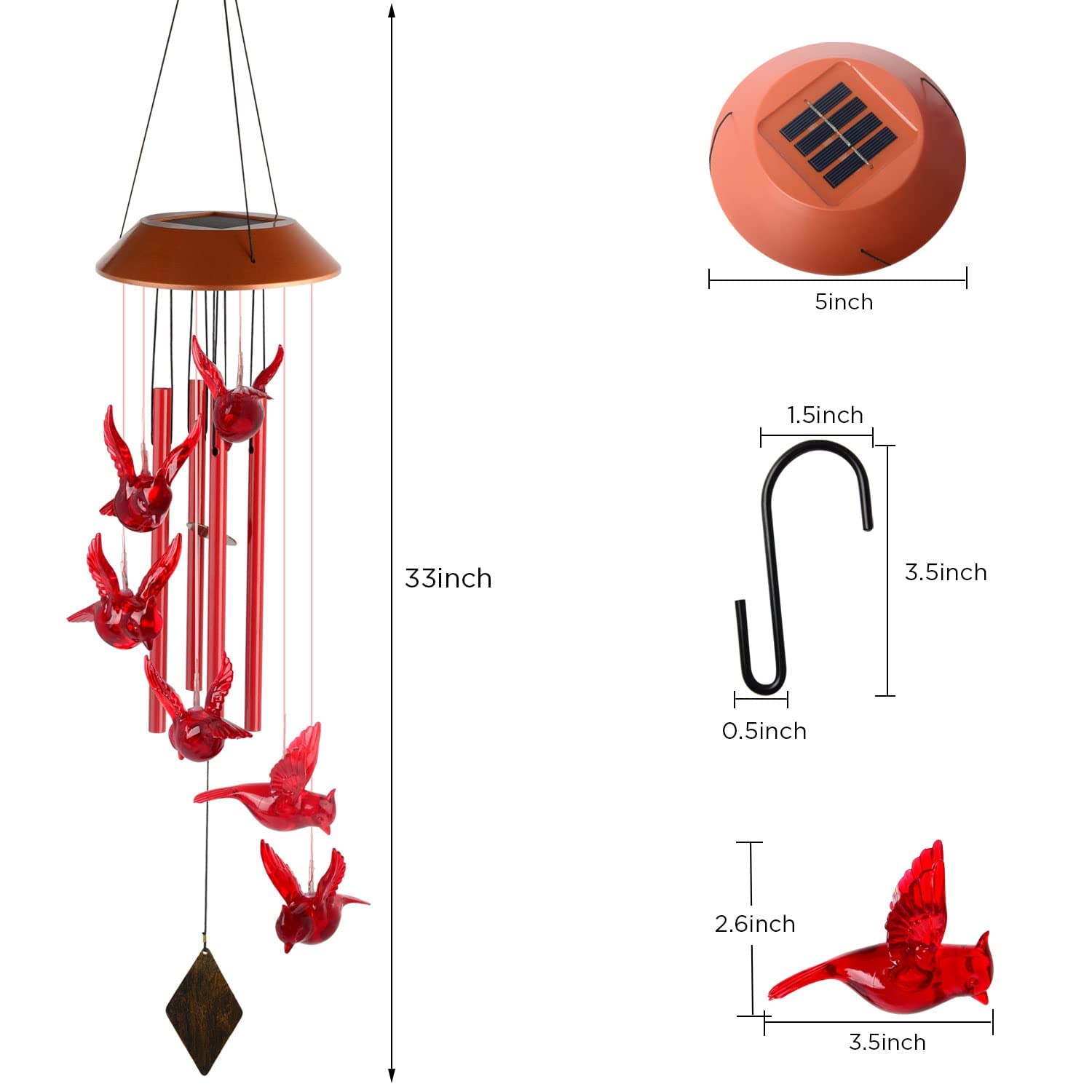 Solar Cardinal Wind Chime Lights - Unique Birthday & Gardening Gifts for Women, Mom, Grandma, Wife - Outdoor Garden Decor for Cardinal Lovers | Perfect for Patio, Backyard & Holiday Decorations