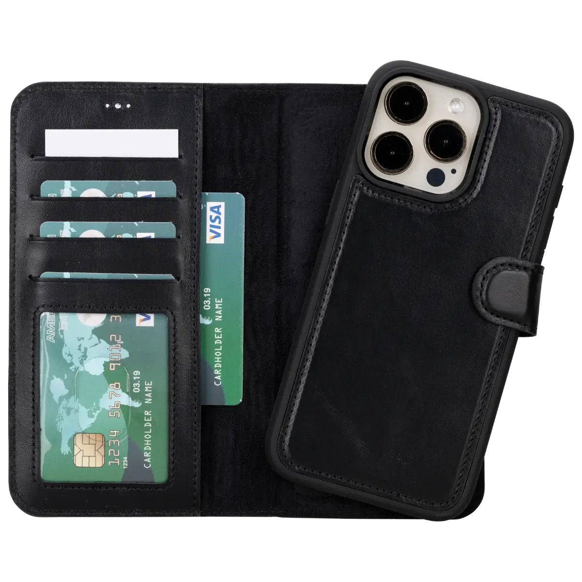 Premium Black Leather Wallet Case for iPhone 15 Pro Max - Slim RFID Blocking Phone Cover with Card Slots | Perfect for Business, Travel & Everyday Use